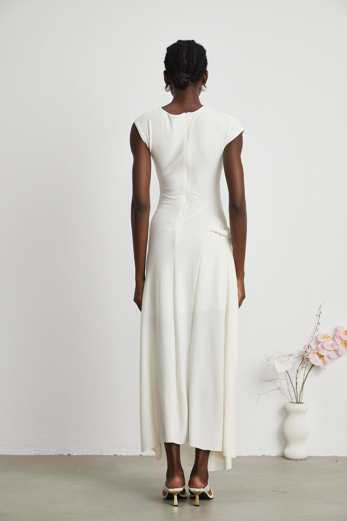 Riccarda Midi Dress White Draped Asymmetric Hem Ruched Detailing