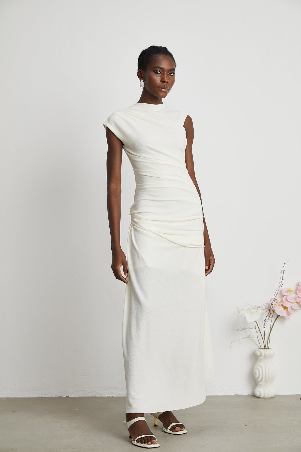 Riccarda Midi Dress White Draped Asymmetric Hem Ruched Detailing