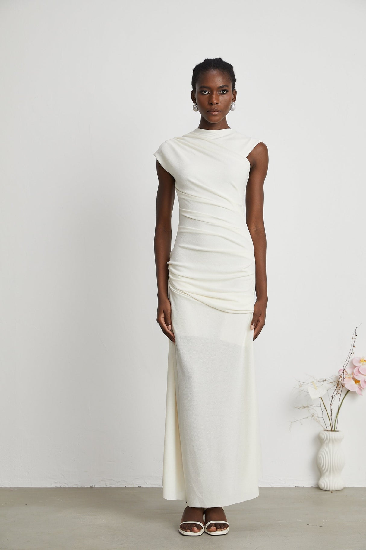 Riccarda Midi Dress White Draped Asymmetric Hem Ruched Detailing