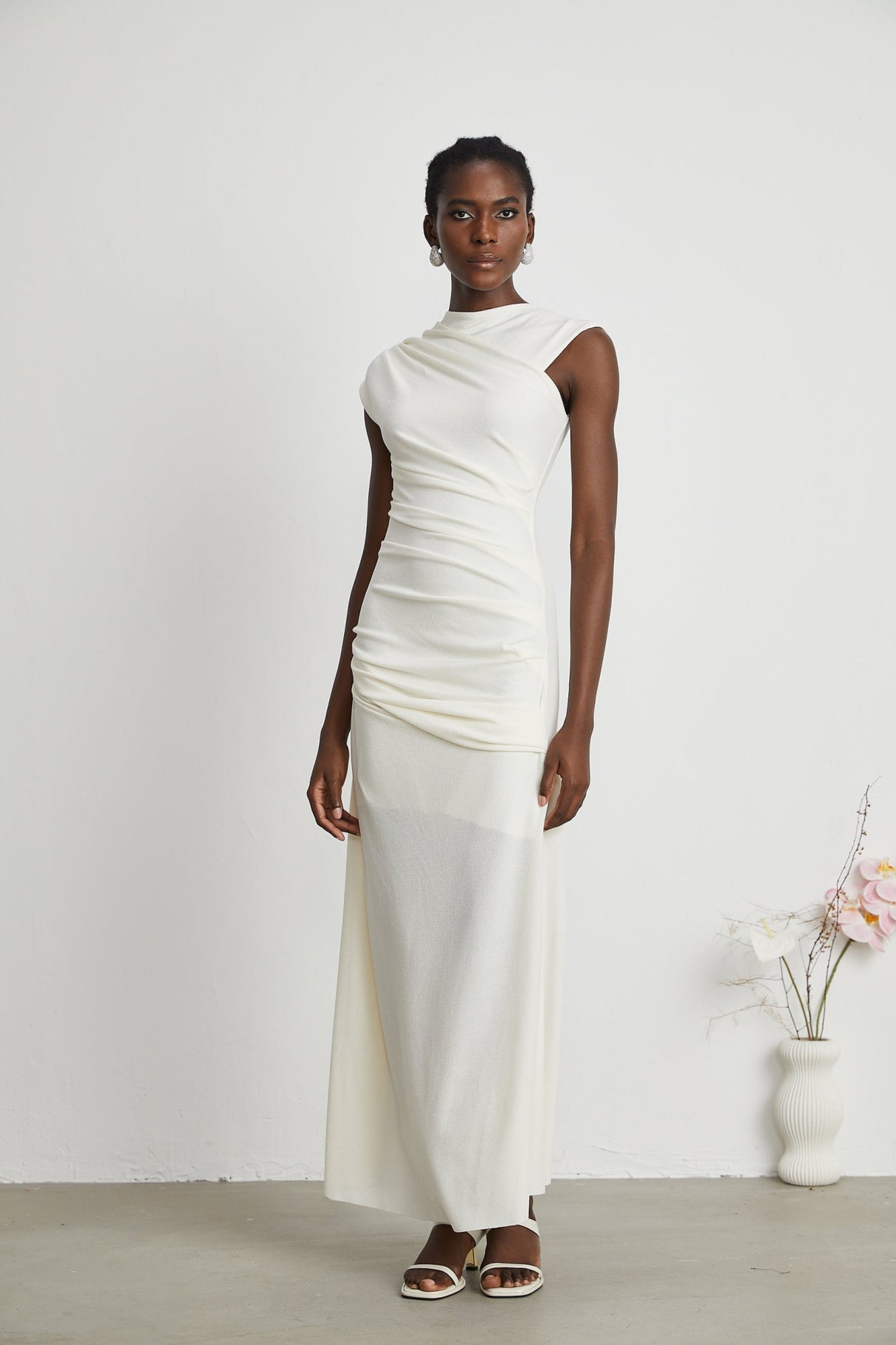 Riccarda Midi Dress White Draped Asymmetric Hem Ruched Detailing
