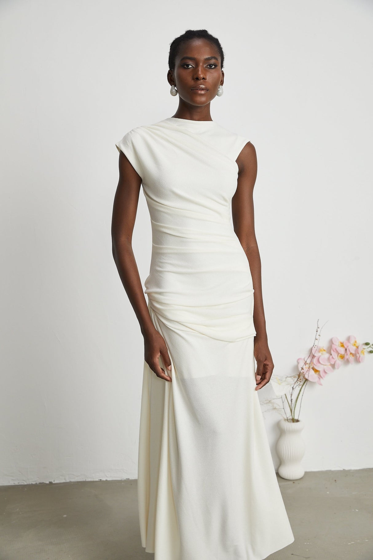 Riccarda Midi Dress White Draped Asymmetric Hem Ruched Detailing