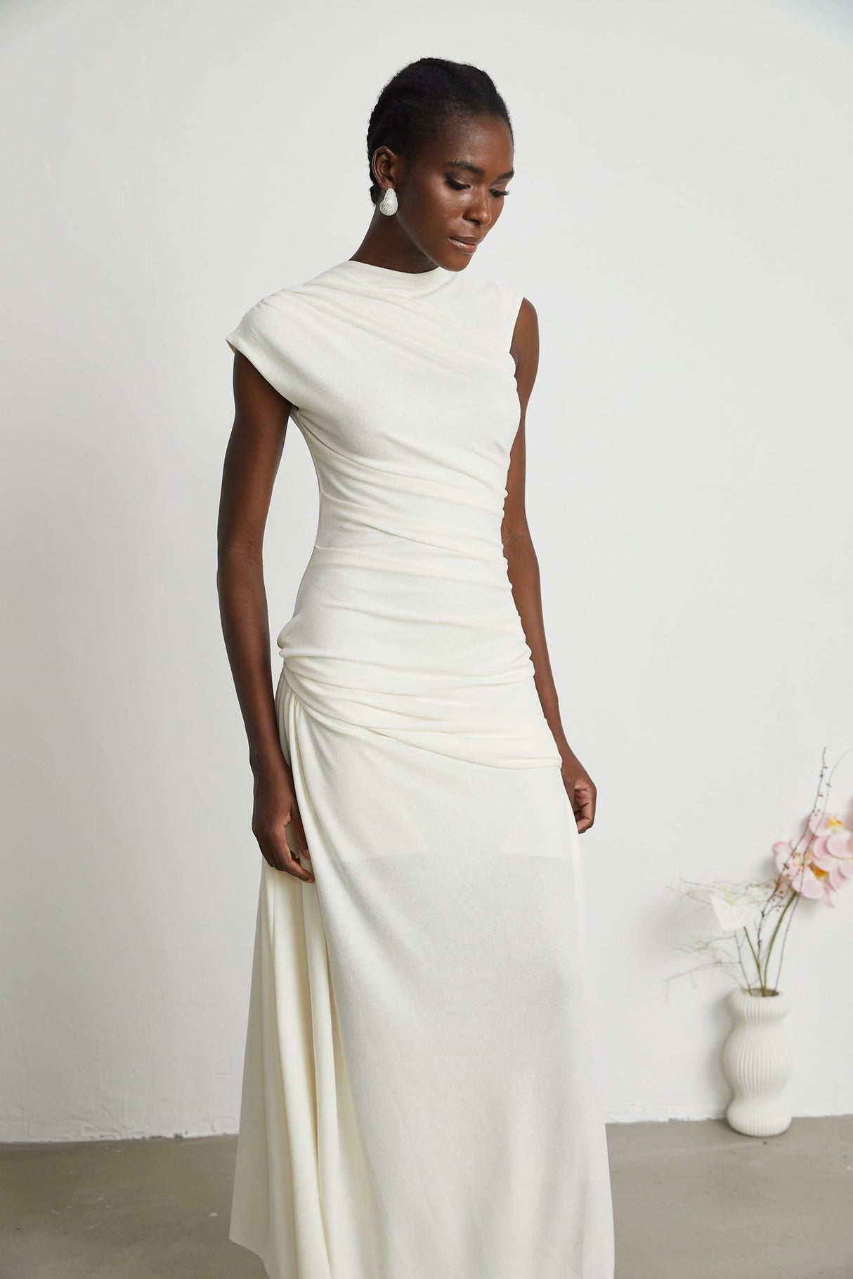 Riccarda Midi Dress White Draped Asymmetric Hem Ruched Detailing