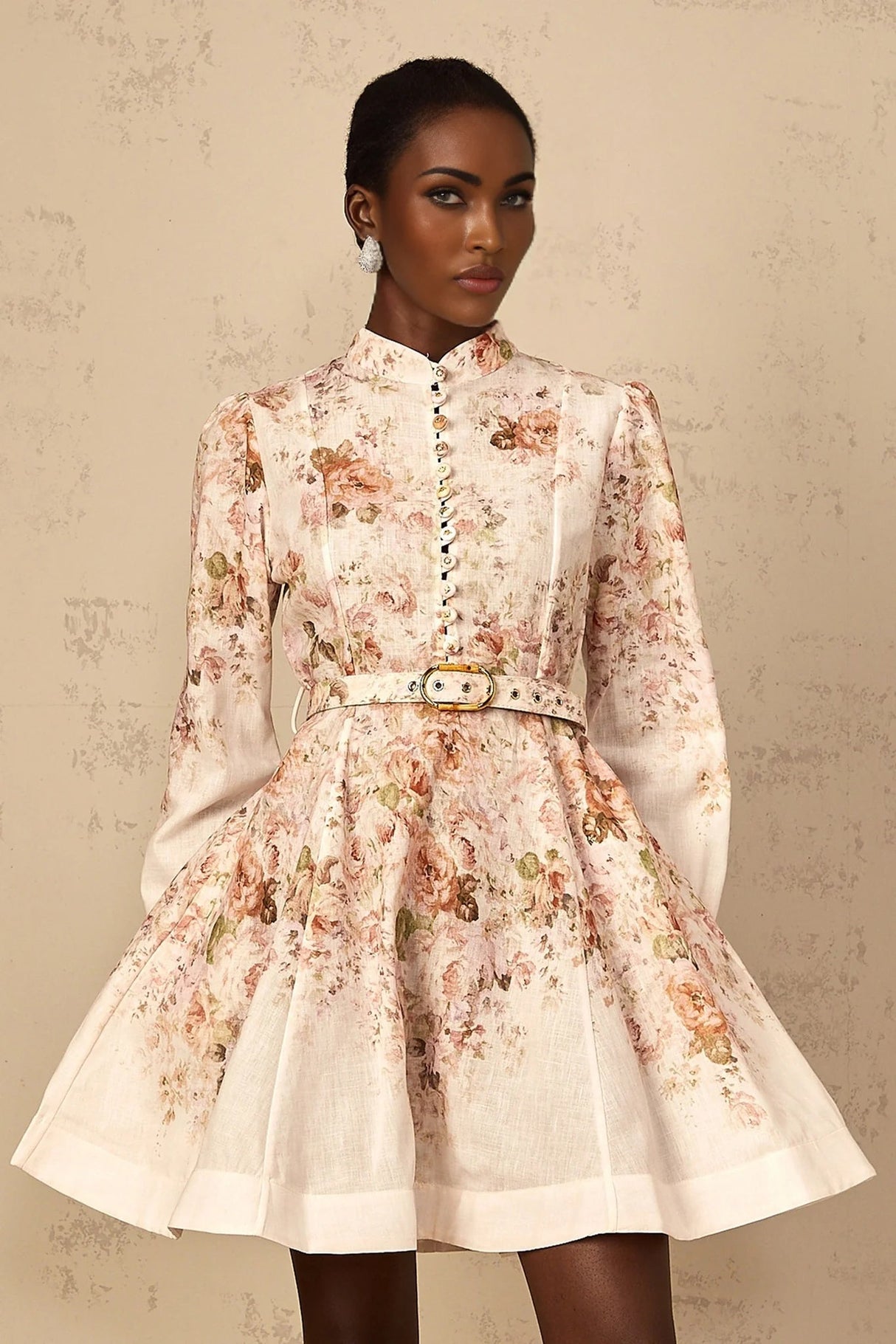 Riccarda Mini Dress Beige Floral Print & Belted Detail