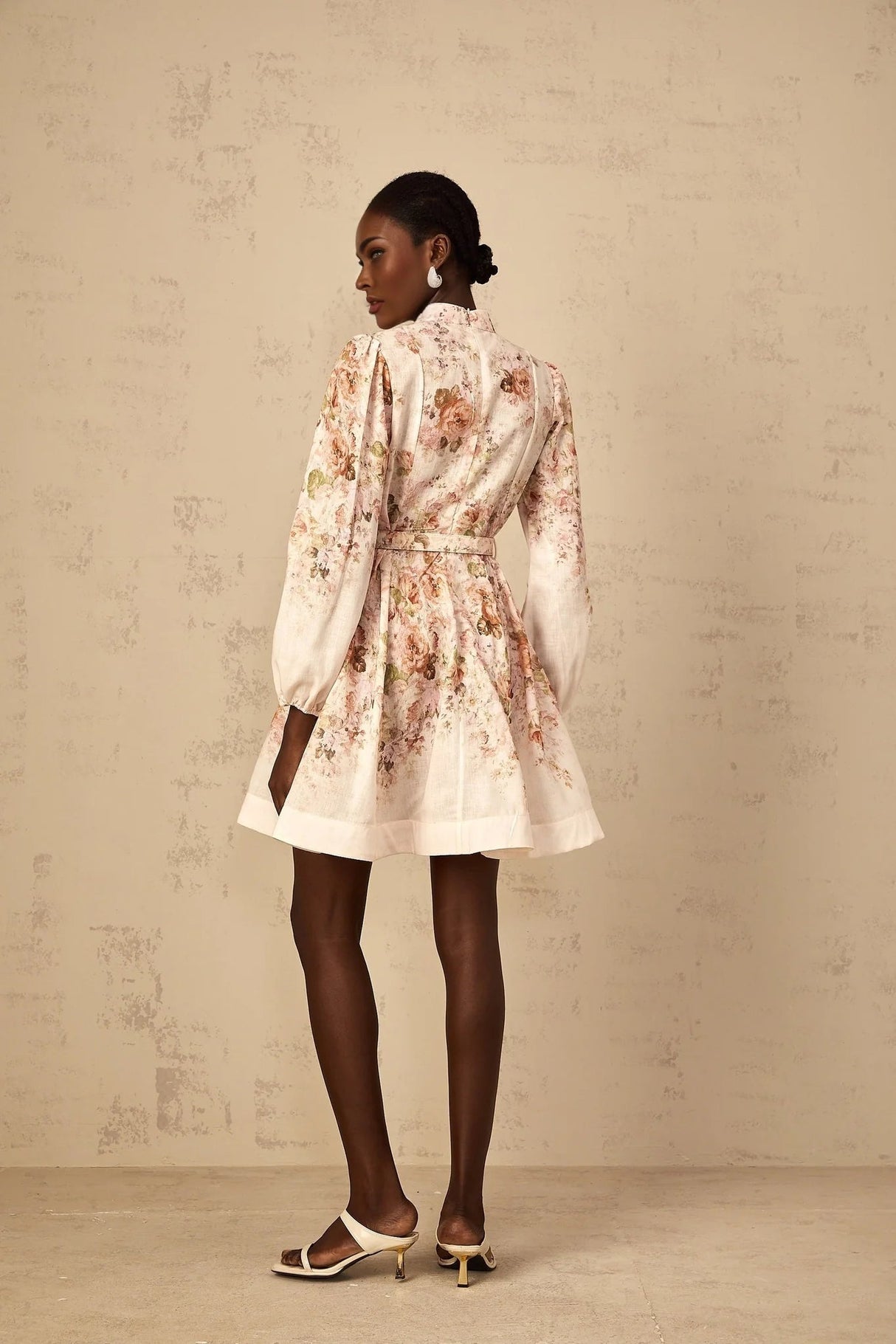 Riccarda Mini Dress Beige Floral Print & Belted Detail