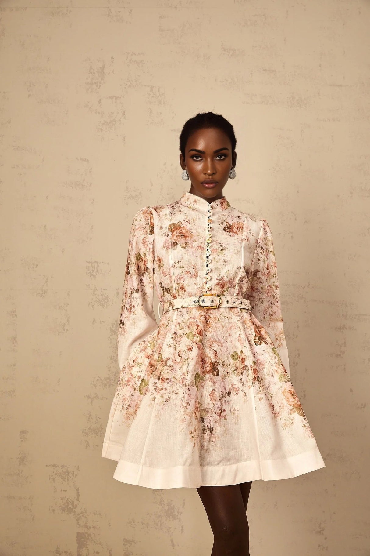 Riccarda Mini Dress Beige Floral Print & Belted Detail