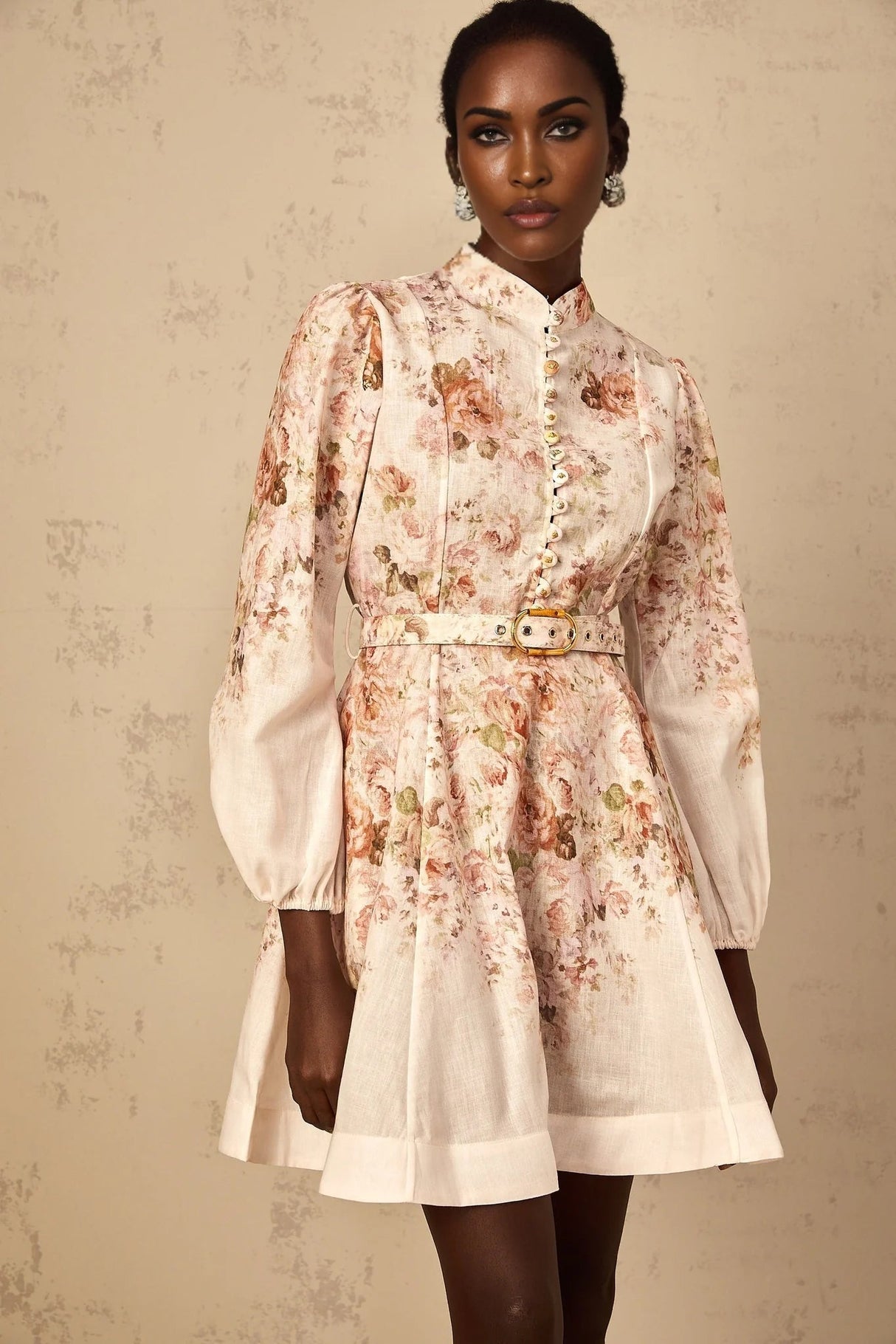 Riccarda Mini Dress Beige Floral Print & Belted Detail