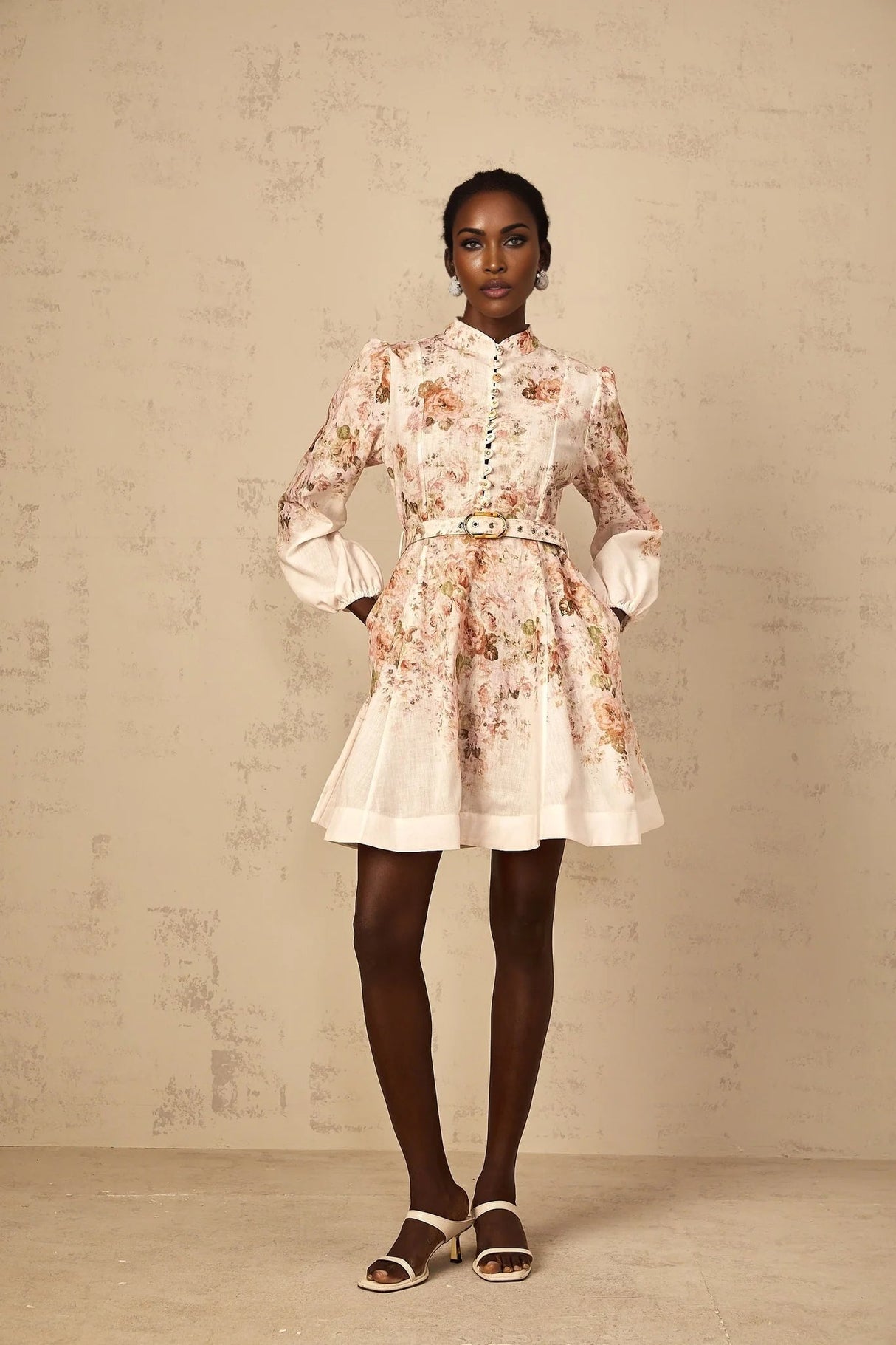 Riccarda Mini Dress Beige Floral Print & Belted Detail