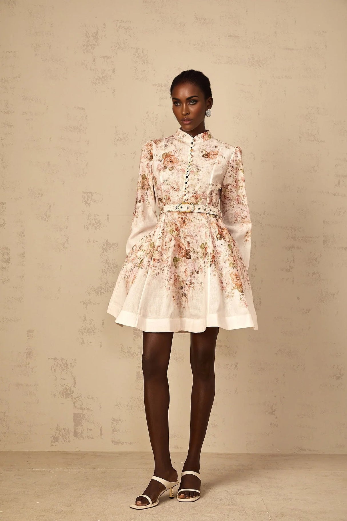 Riccarda Mini Dress Beige Floral Print & Belted Detail