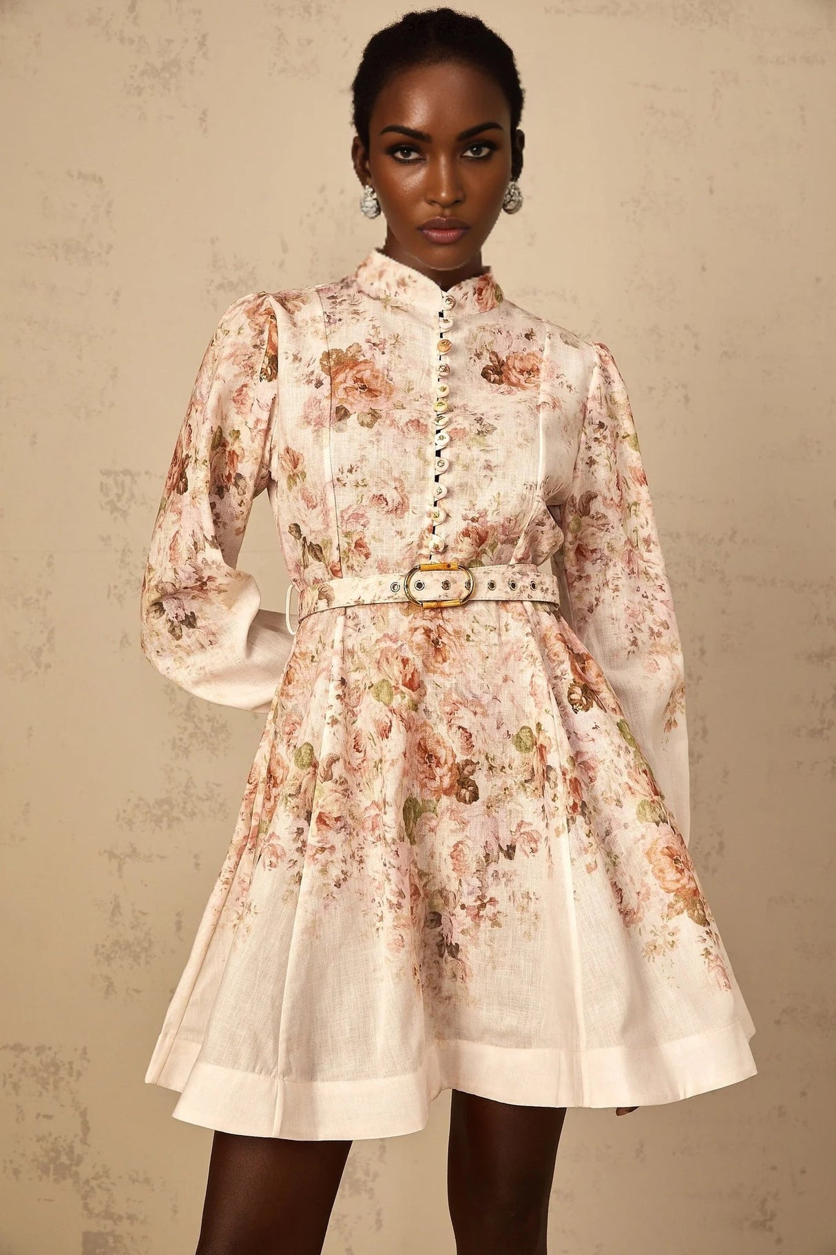 Riccarda Mini Dress Beige Floral Print & Belted Detail