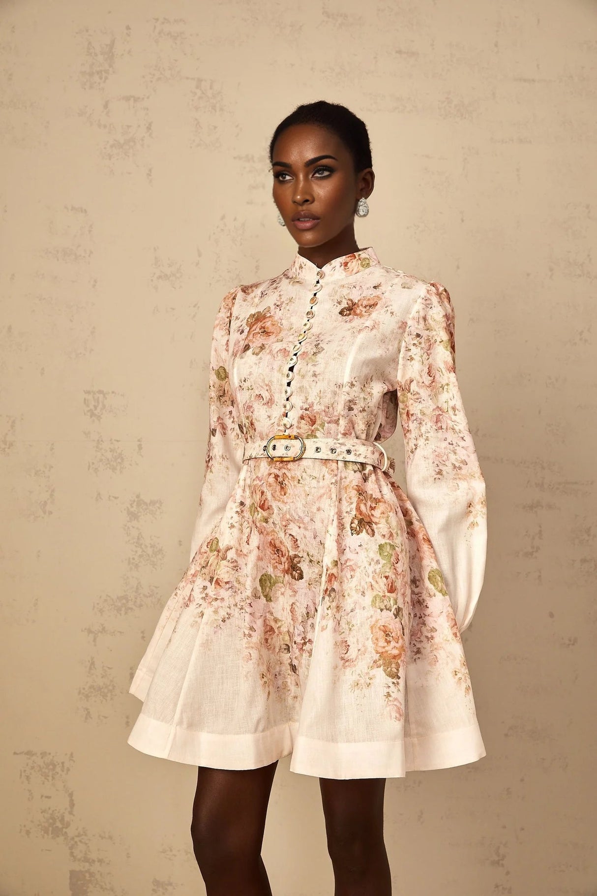 Riccarda Mini Dress Beige Floral Print & Belted Detail