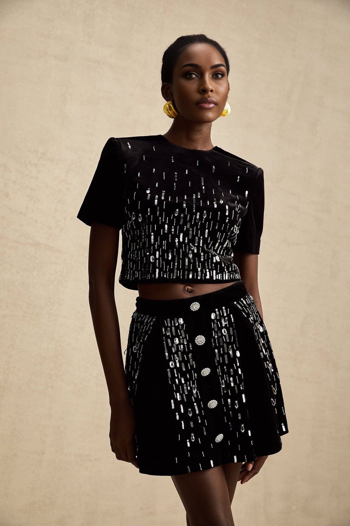 Riccarda Skirt & Top Set Black Velvet Sequin Crystal Embellished