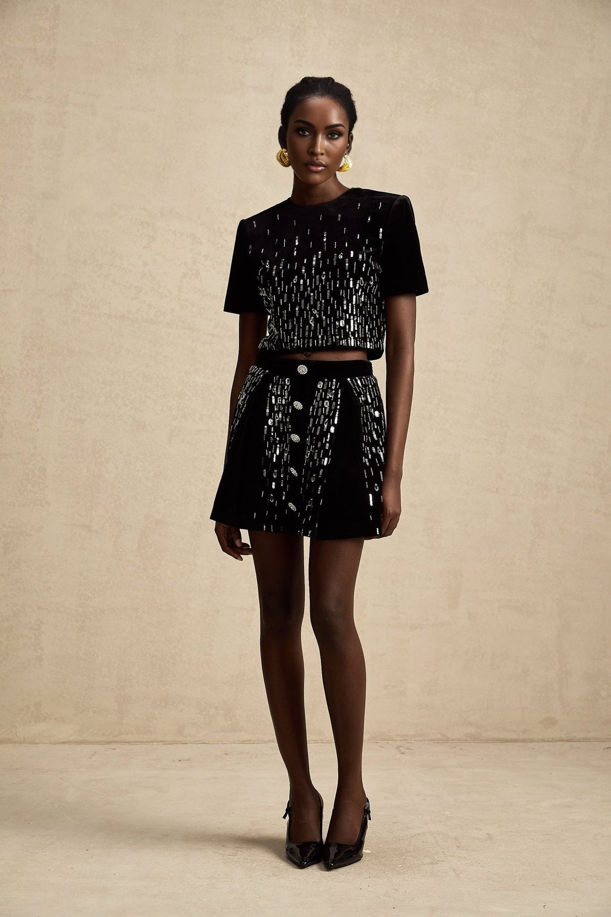 Riccarda Skirt & Top Set Black Velvet Sequin Crystal Embellished