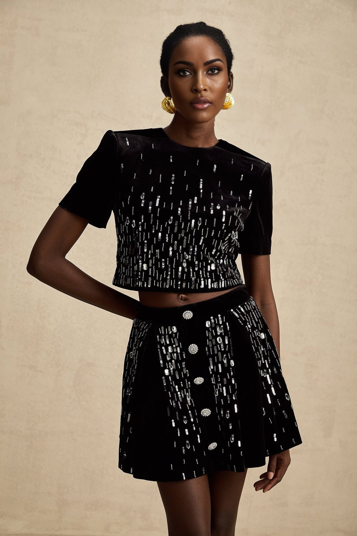 Riccarda Skirt & Top Set Black Velvet Sequin Crystal Embellished