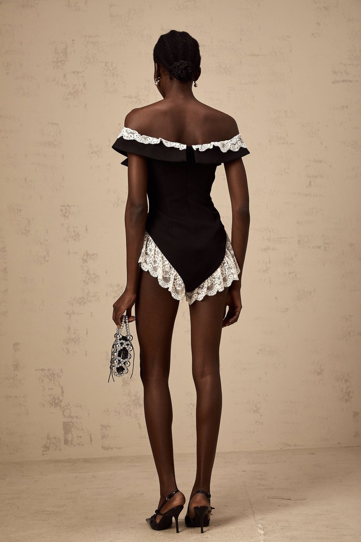 Riley Bodysuit Black & White Lace Trim Off Shoulder Ruffle Zip