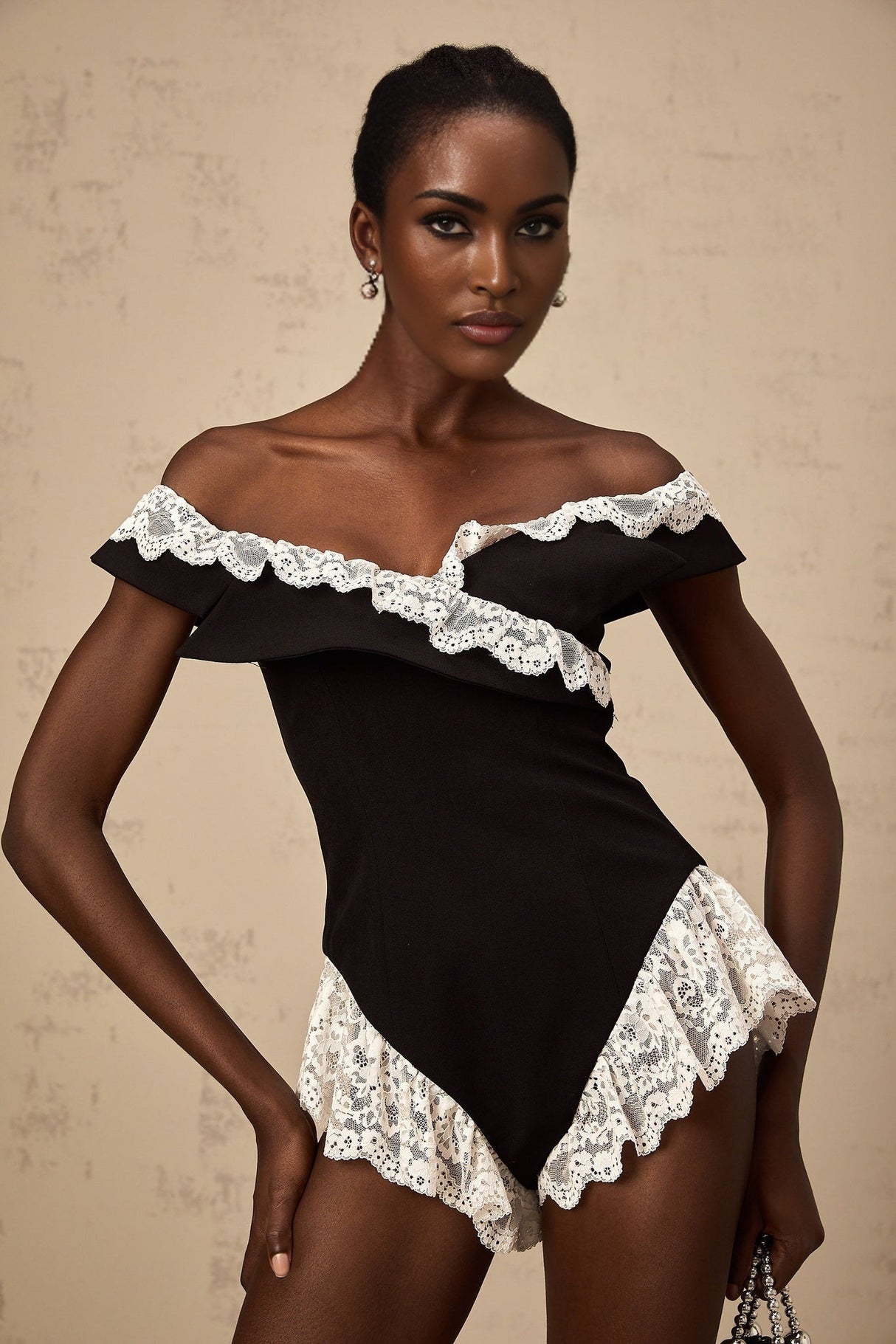 Riley Bodysuit Black & White Lace Trim Off Shoulder Ruffle Zip
