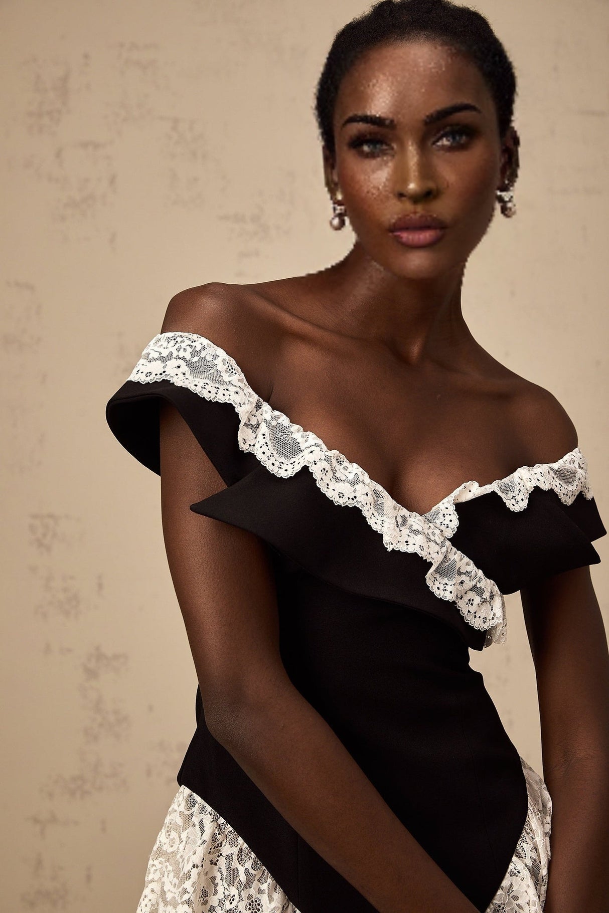 Riley Bodysuit Black & White Lace Trim Off Shoulder Ruffle Zip