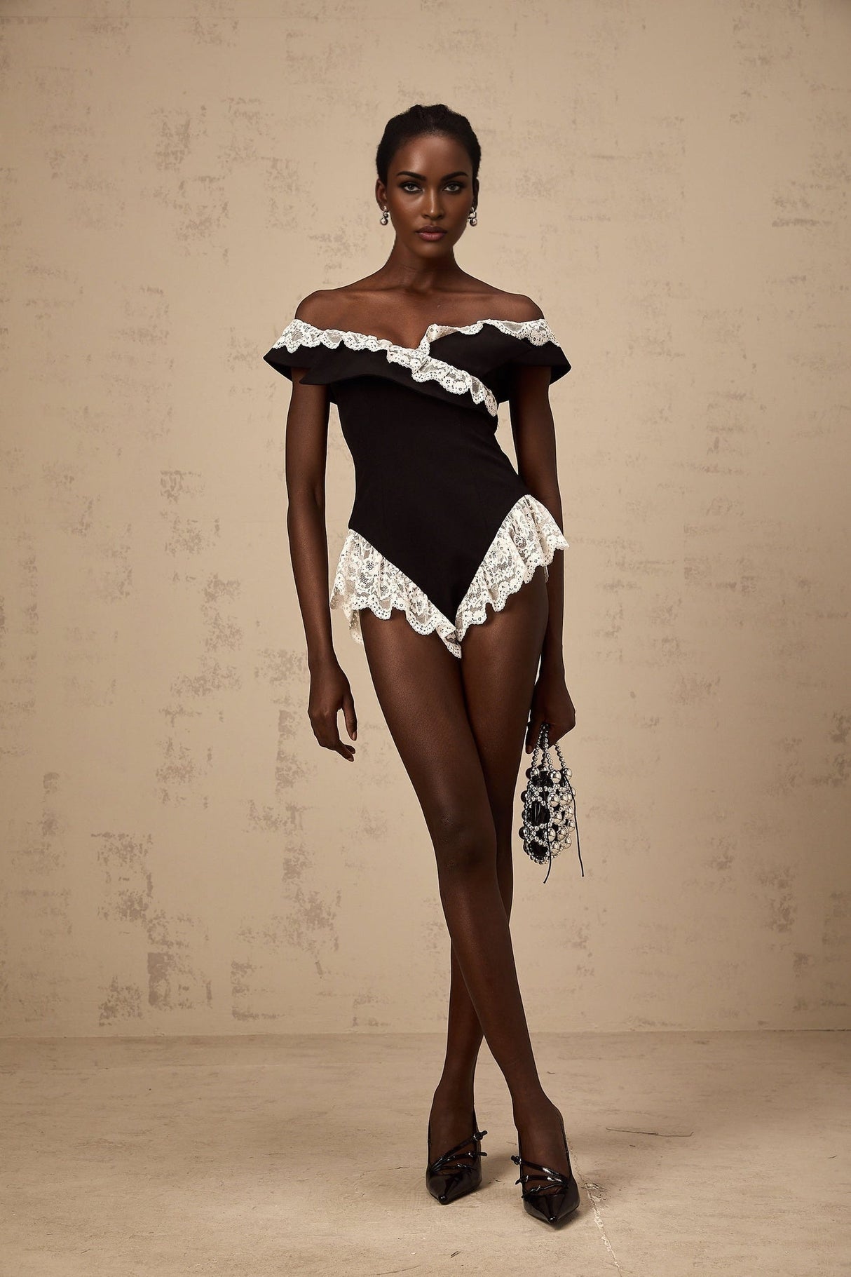 Riley Bodysuit Black & White Lace Trim Off Shoulder Ruffle Zip