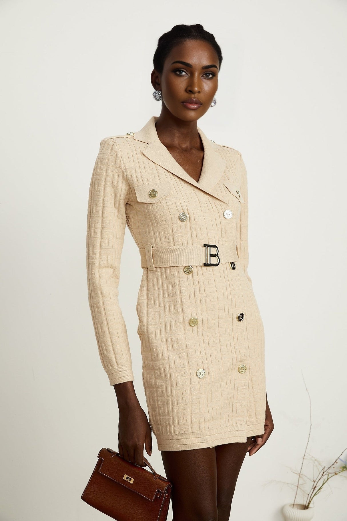 Riley Neutral Knitted V Neck Dress with Detachable Belt