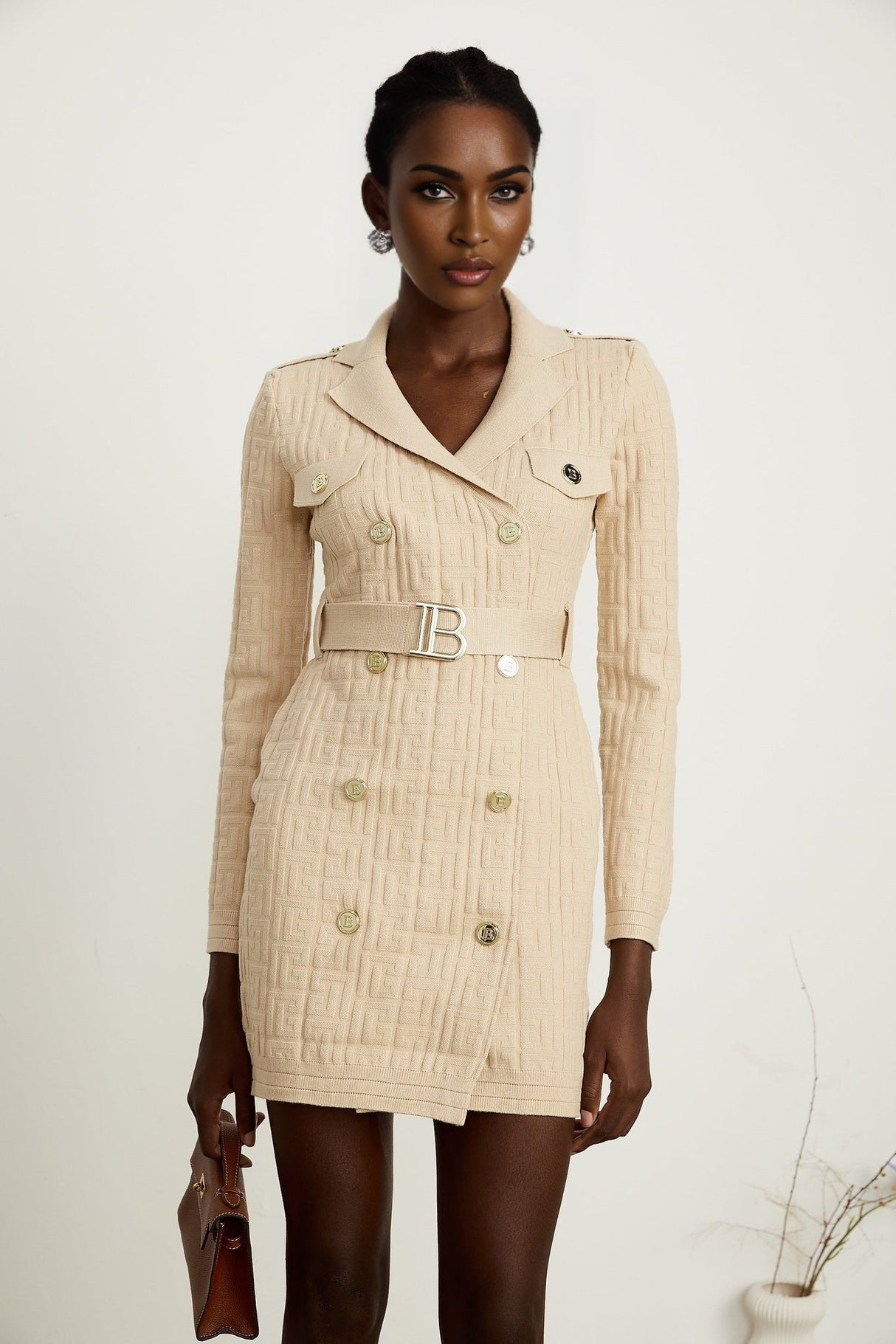 Riley Neutral Knitted V Neck Dress with Detachable Belt