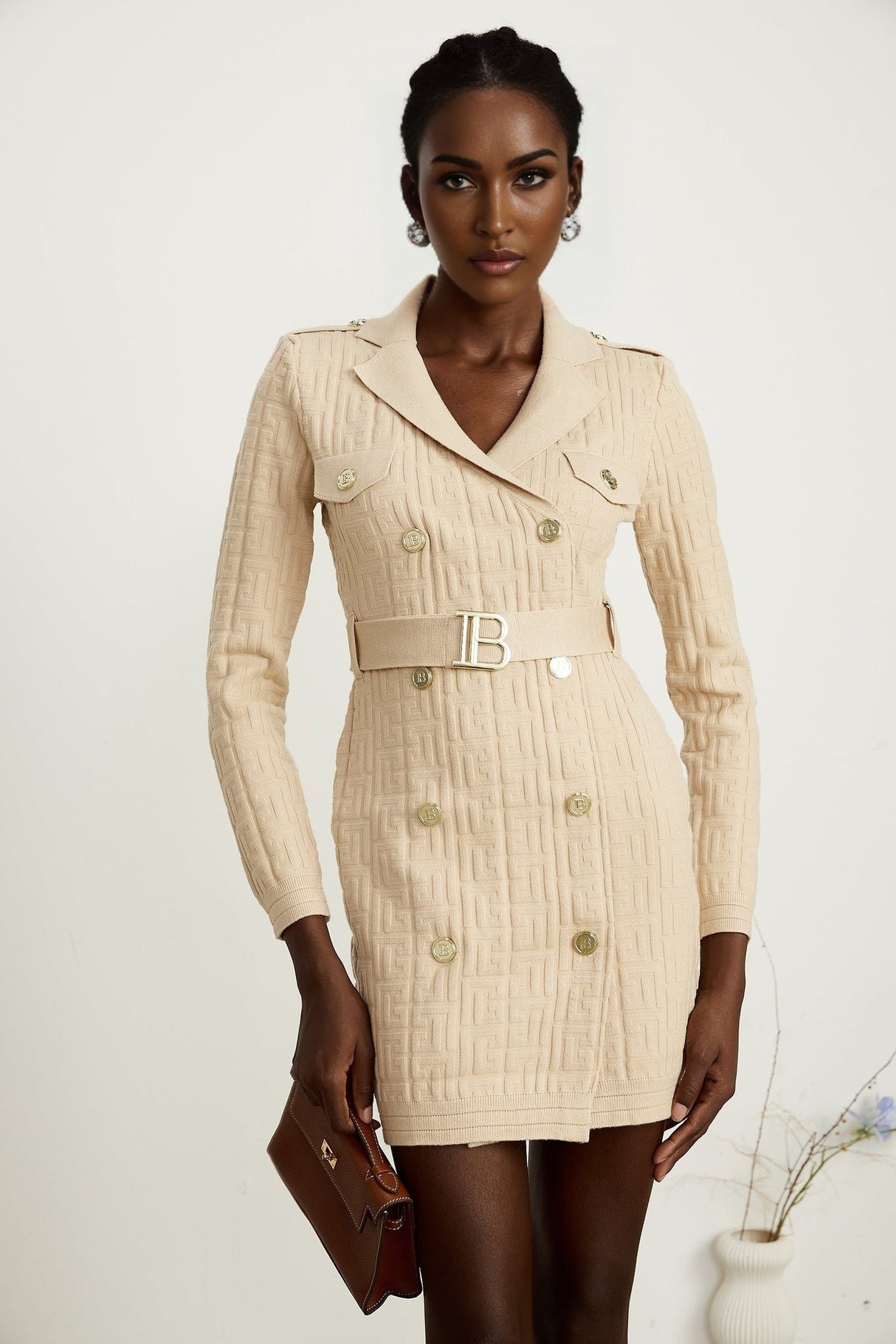 Riley Neutral Knitted V Neck Dress with Detachable Belt