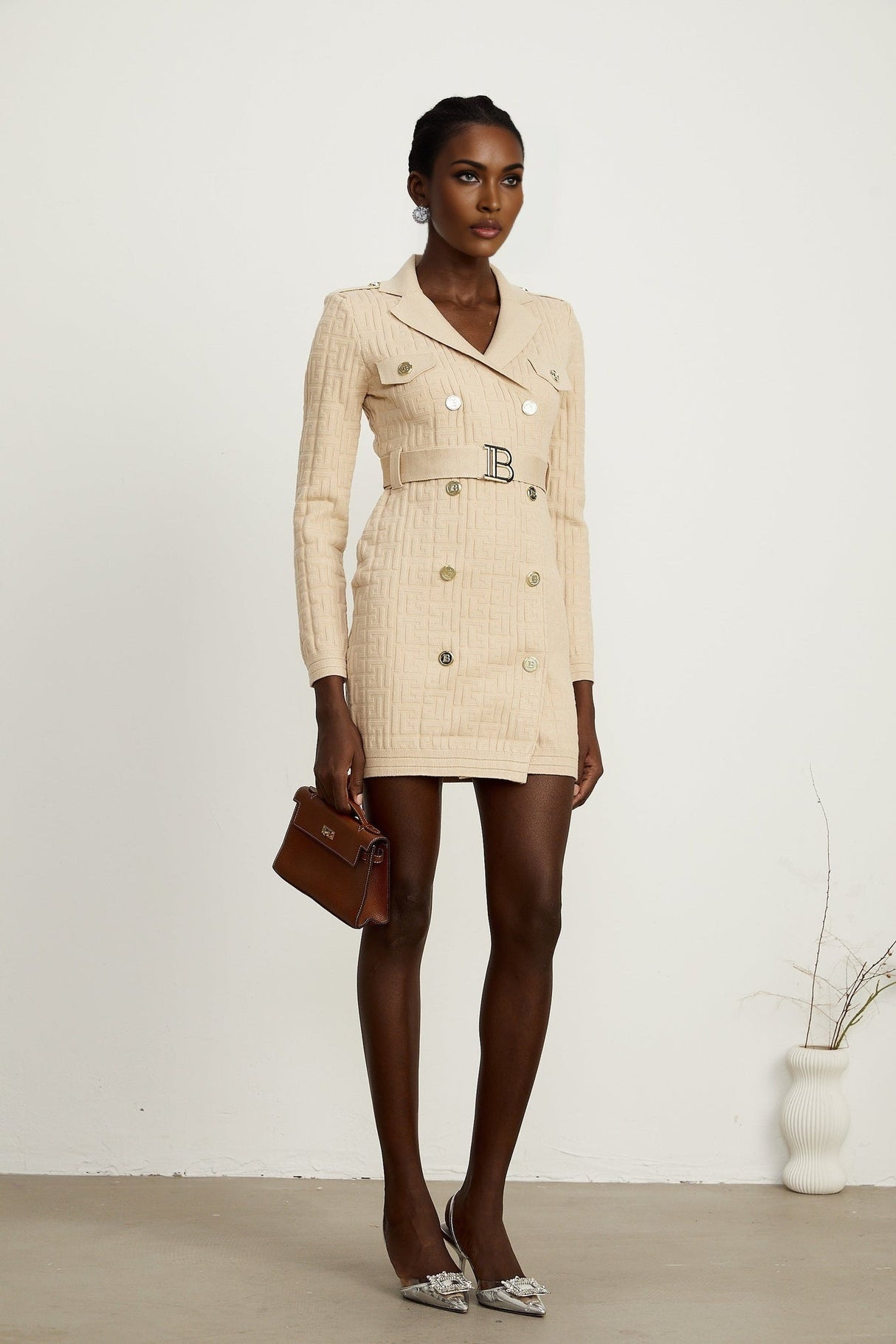 Riley Neutral Knitted V Neck Dress with Detachable Belt