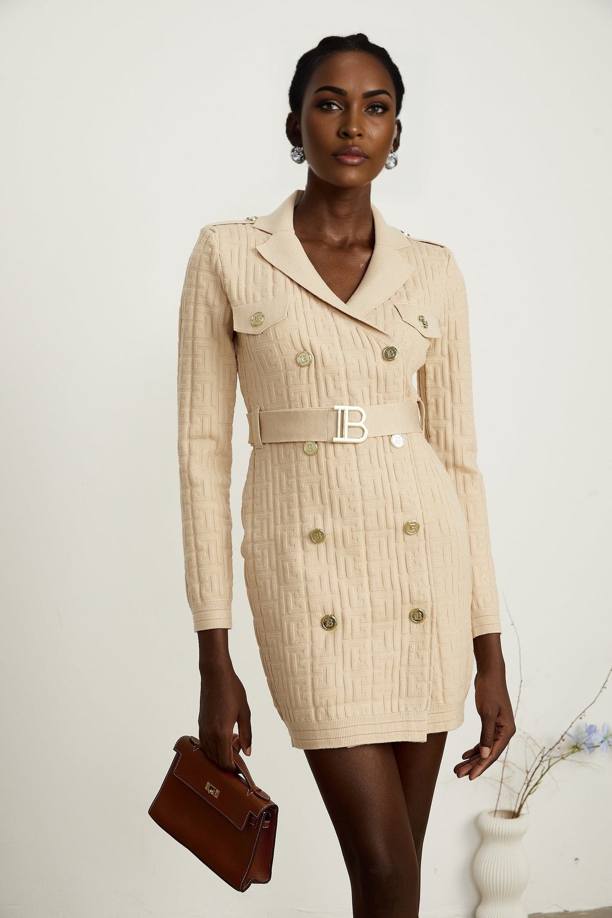 Riley Neutral Knitted V Neck Dress with Detachable Belt