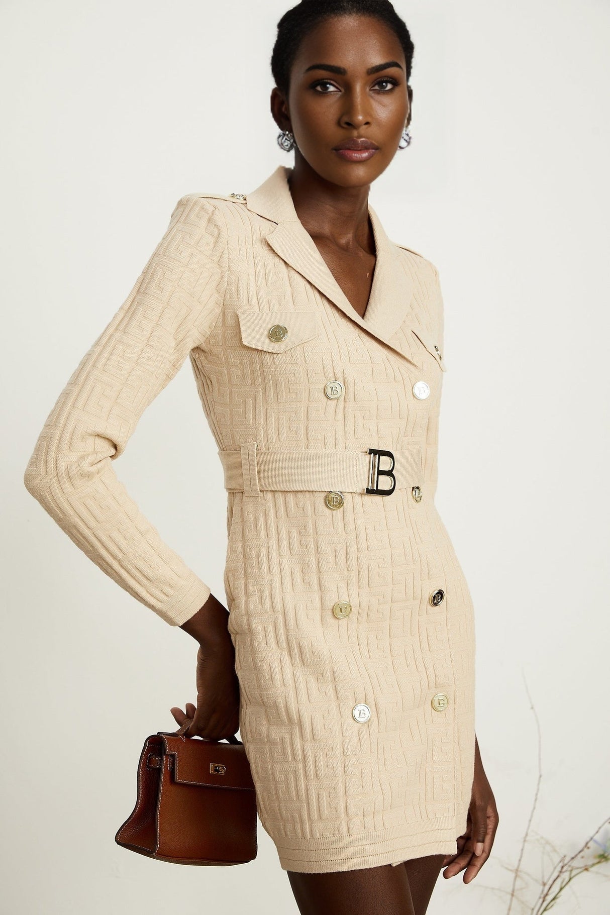 Riley Neutral Knitted V Neck Dress with Detachable Belt