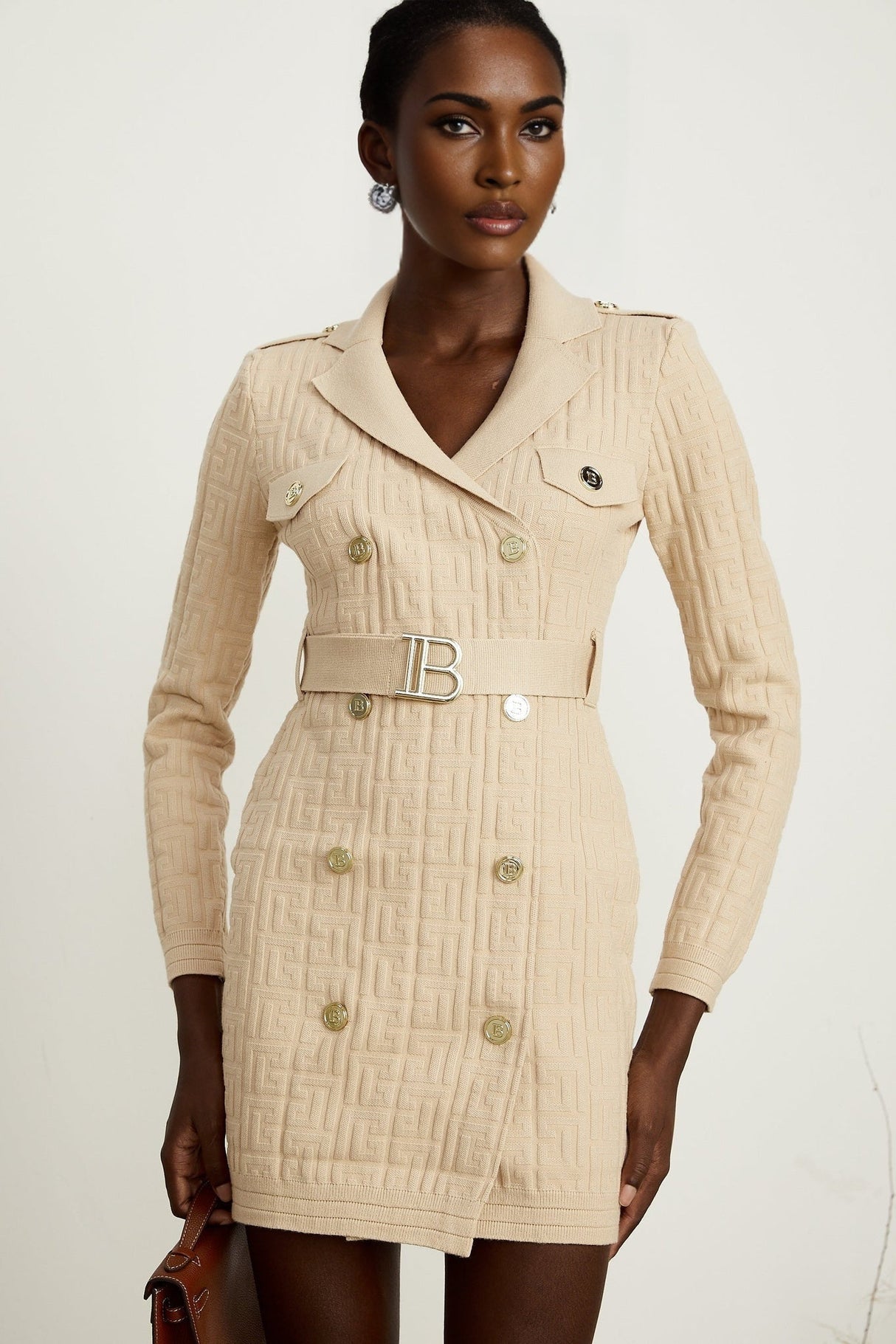 Riley Neutral Knitted V Neck Dress with Detachable Belt