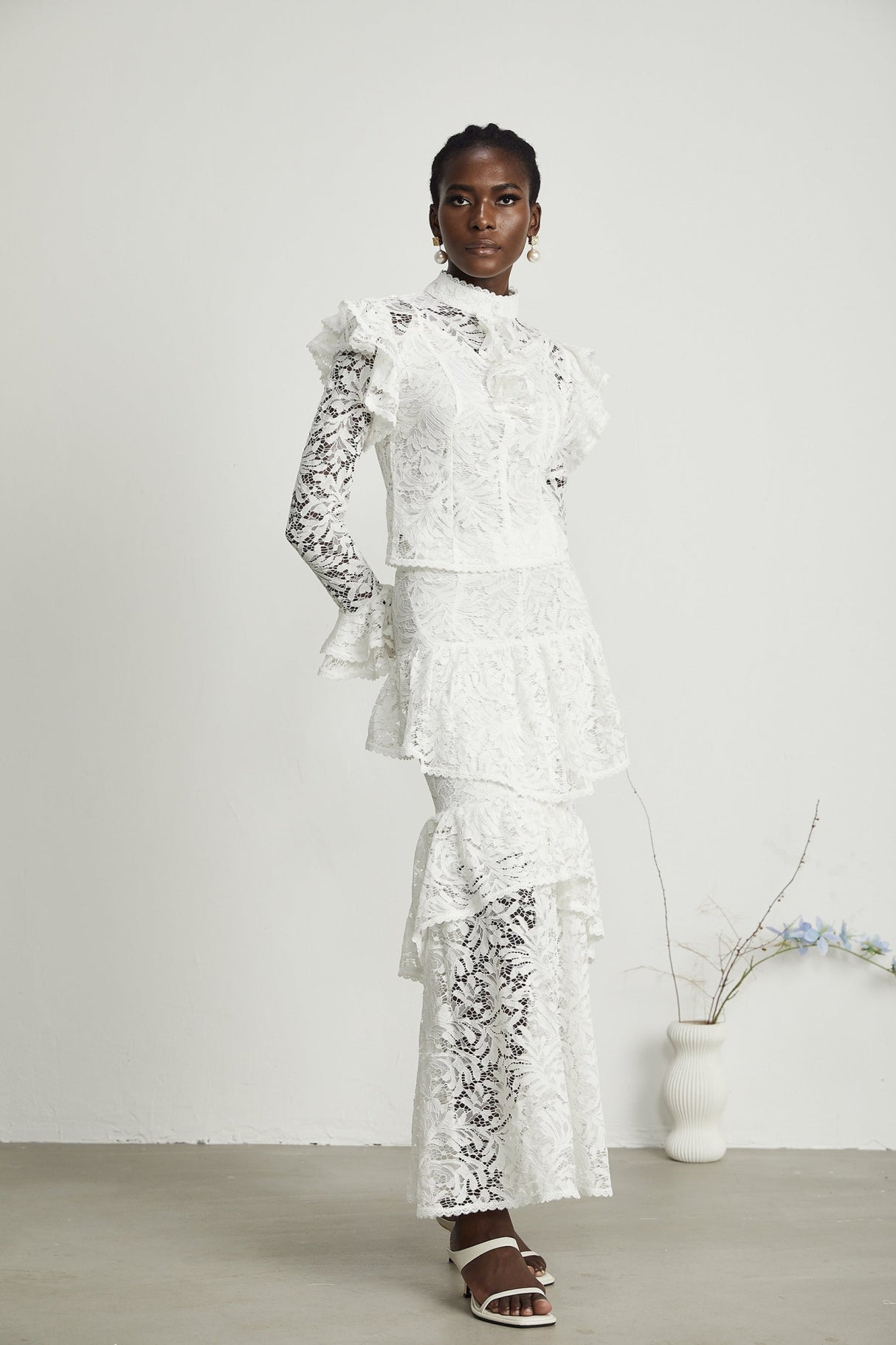 Riley Skirt & Top Set White Ruffled Cut Out Pleated Midi