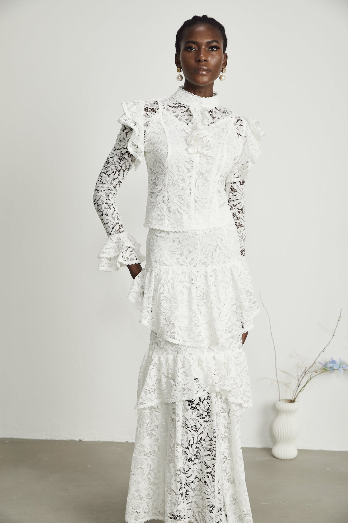 Riley Skirt & Top Set White Ruffled Cut Out Pleated Midi