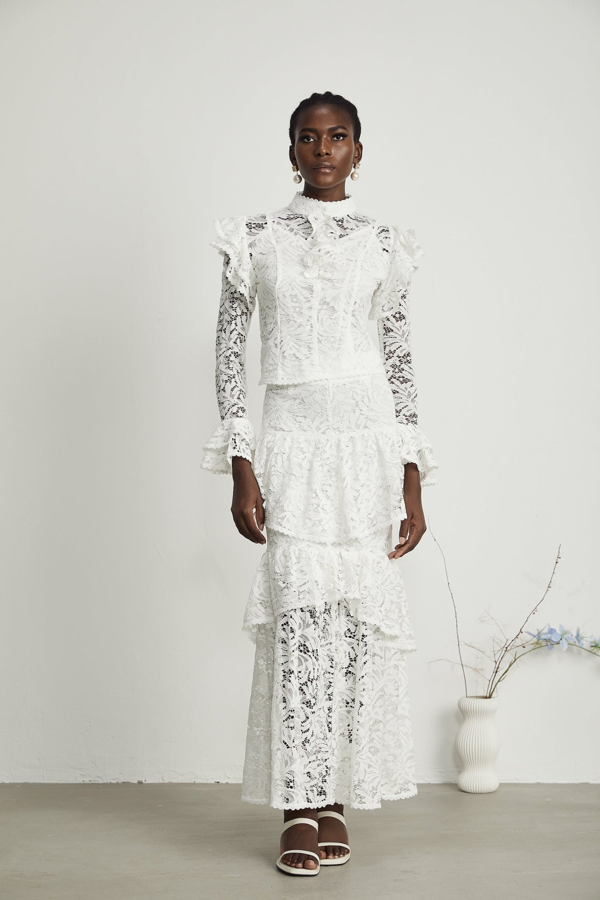 Riley Skirt & Top Set White Ruffled Cut Out Pleated Midi