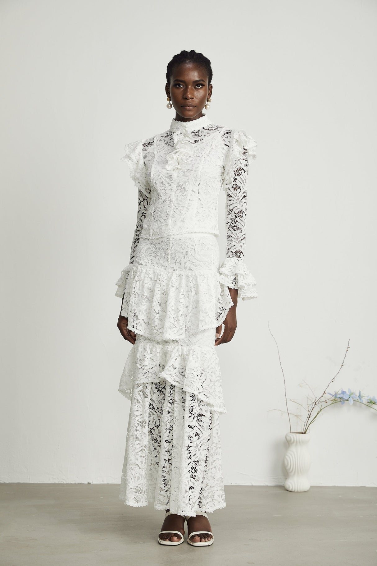 Riley Skirt & Top Set White Ruffled Cut Out Pleated Midi