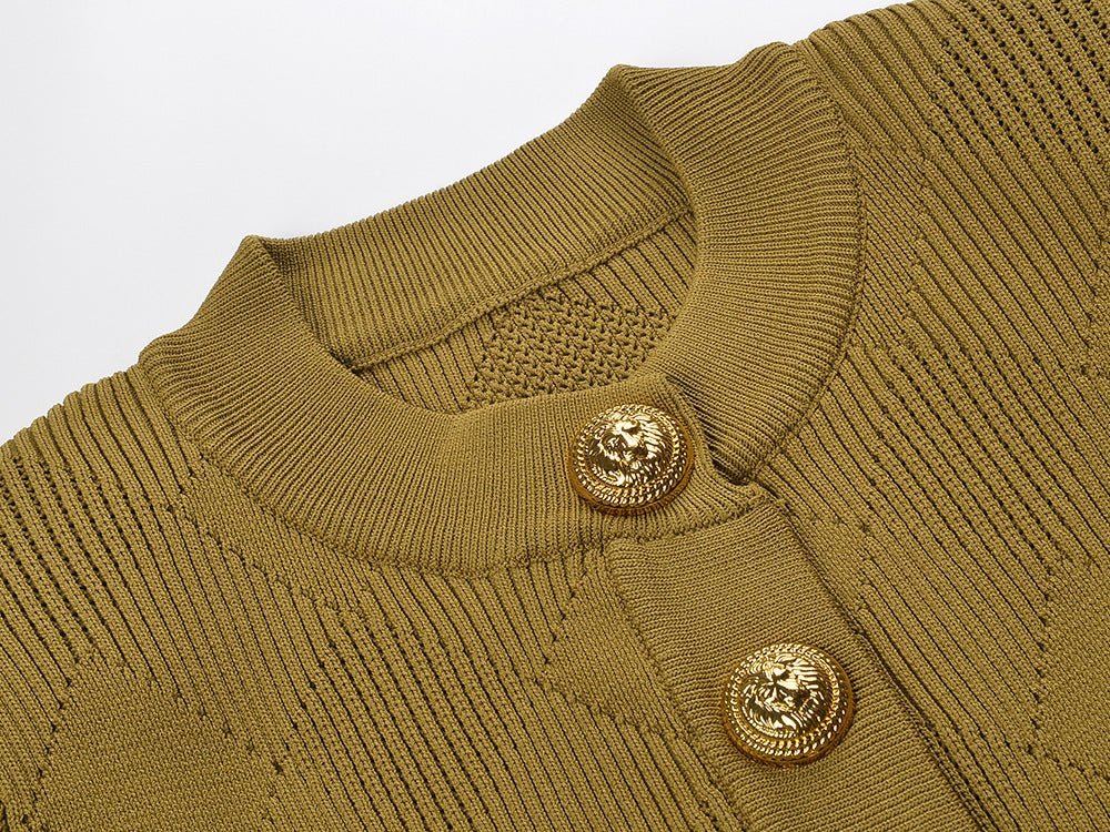 Rina Cardigan - Fitted Silhouette - Ribbed Texture - Classic Button - Up - Gold Button Embellishments - Versatile Styling