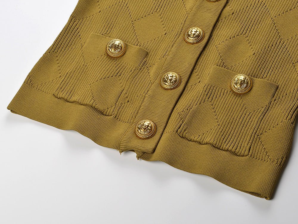 Rina Cardigan - Fitted Silhouette - Ribbed Texture - Classic Button - Up - Gold Button Embellishments - Versatile Styling