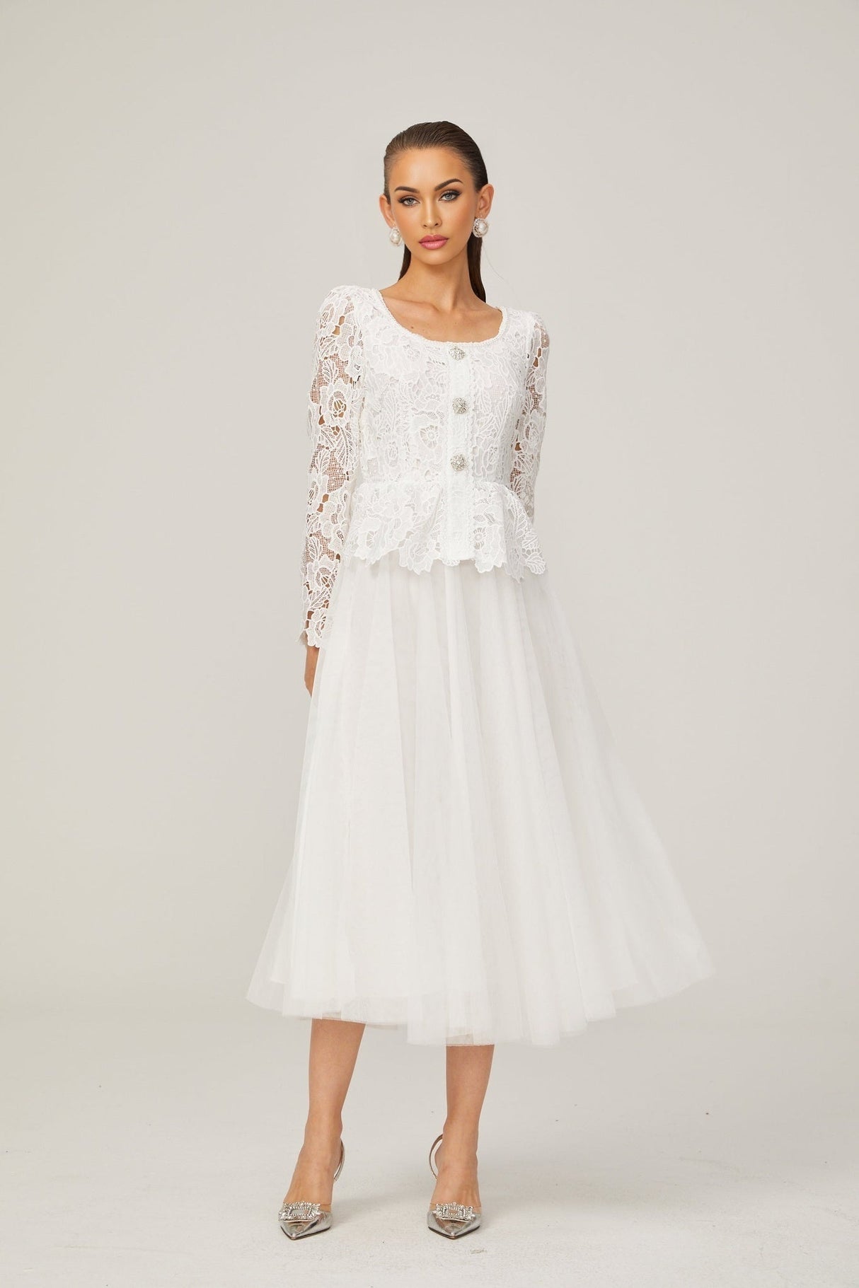 Rina Midi Dress White Tulle Guipure Lace Peplum Floral Choker