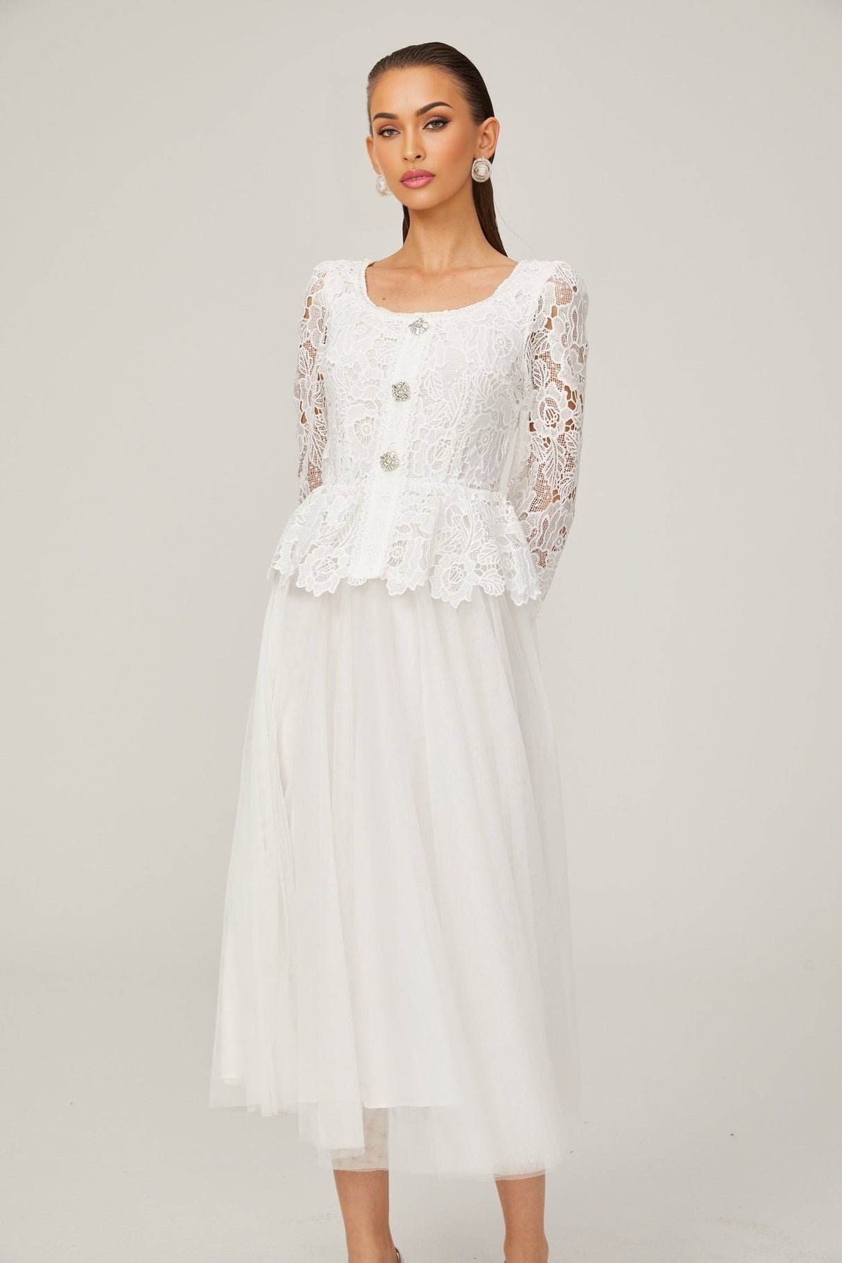 Rina Midi Dress White Tulle Guipure Lace Peplum Floral Choker