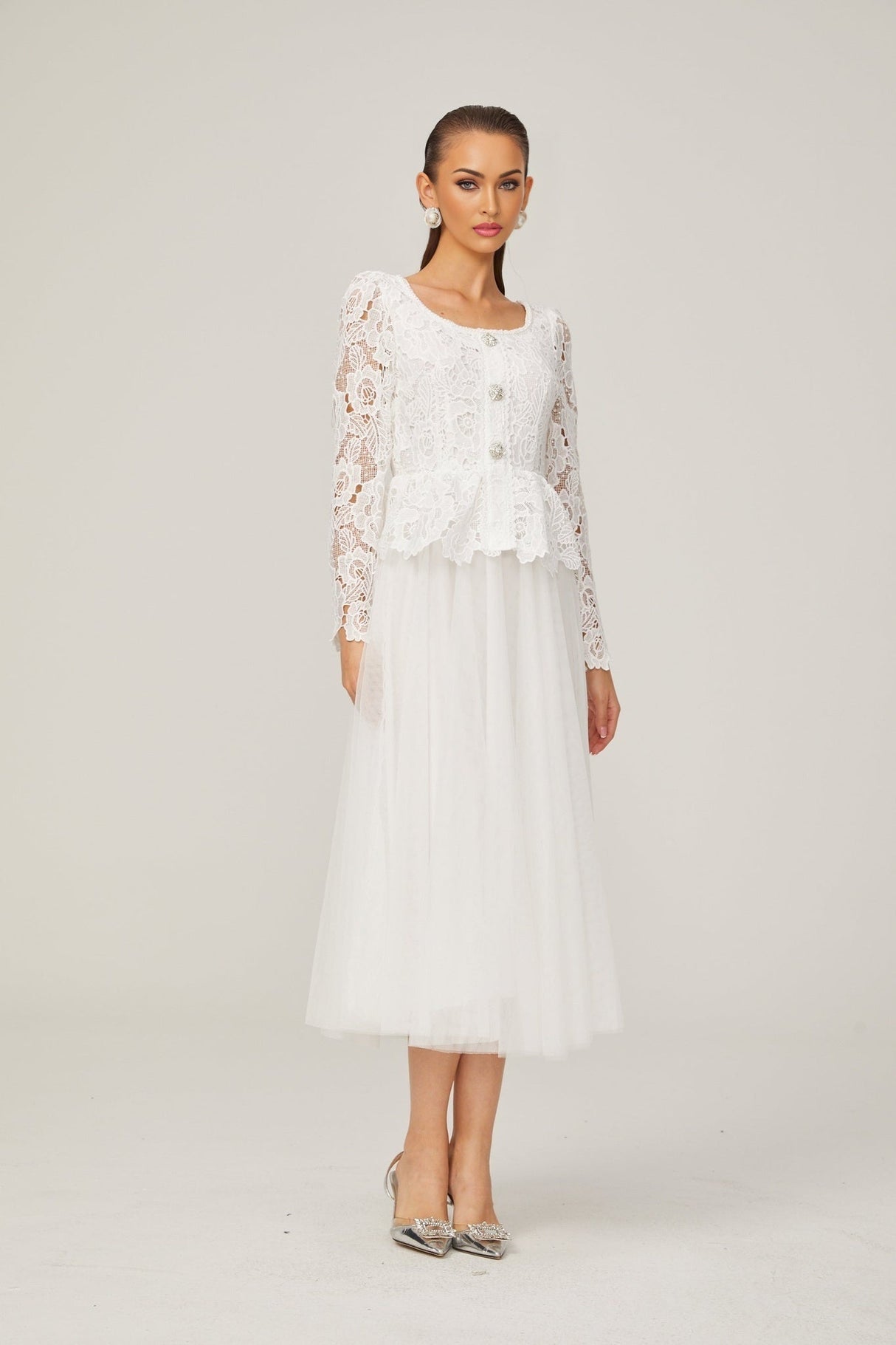 Rina Midi Dress White Tulle Guipure Lace Peplum Floral Choker