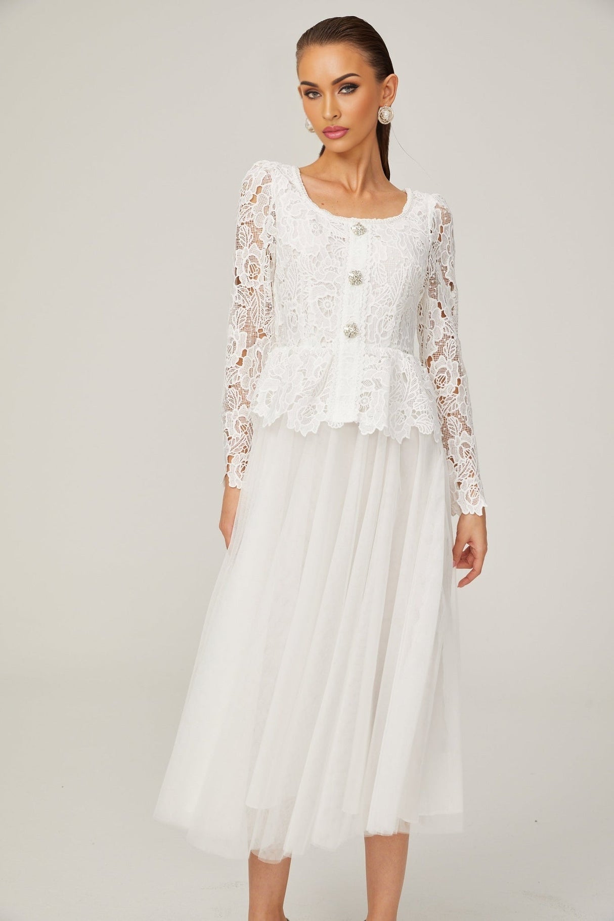 Rina Midi Dress White Tulle Guipure Lace Peplum Floral Choker