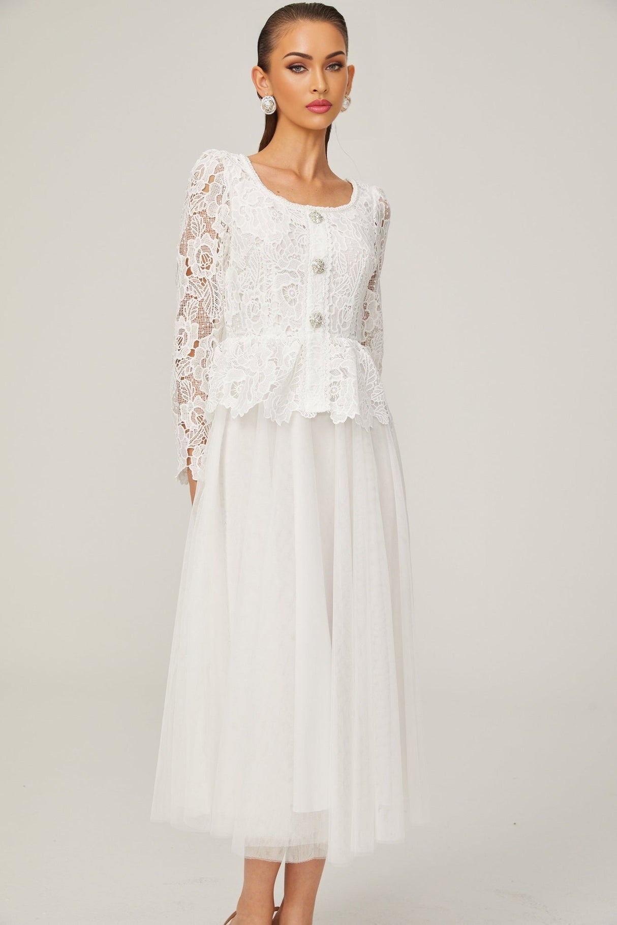 Rina Midi Dress White Tulle Guipure Lace Peplum Floral Choker