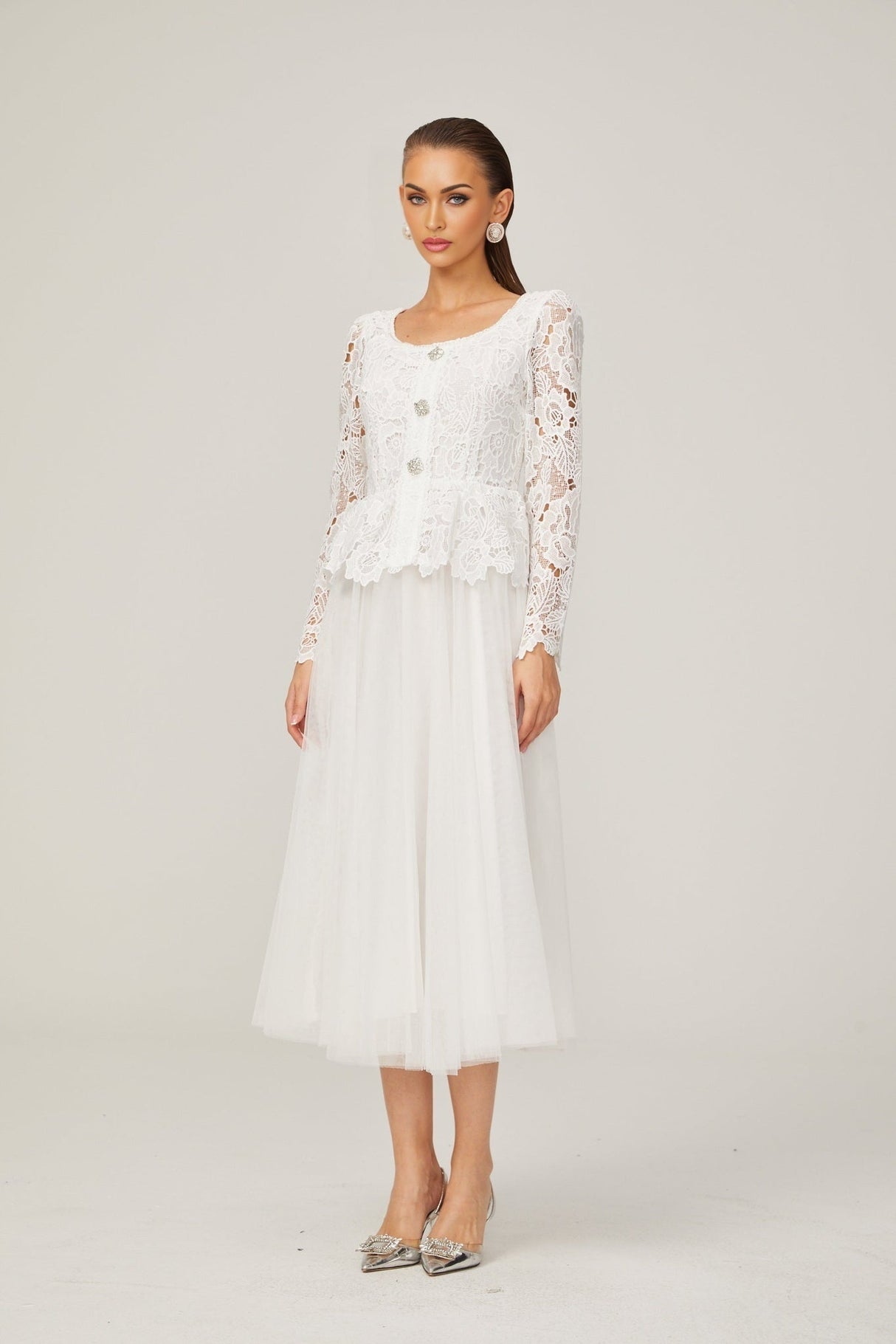 Rina Midi Dress White Tulle Guipure Lace Peplum Floral Choker