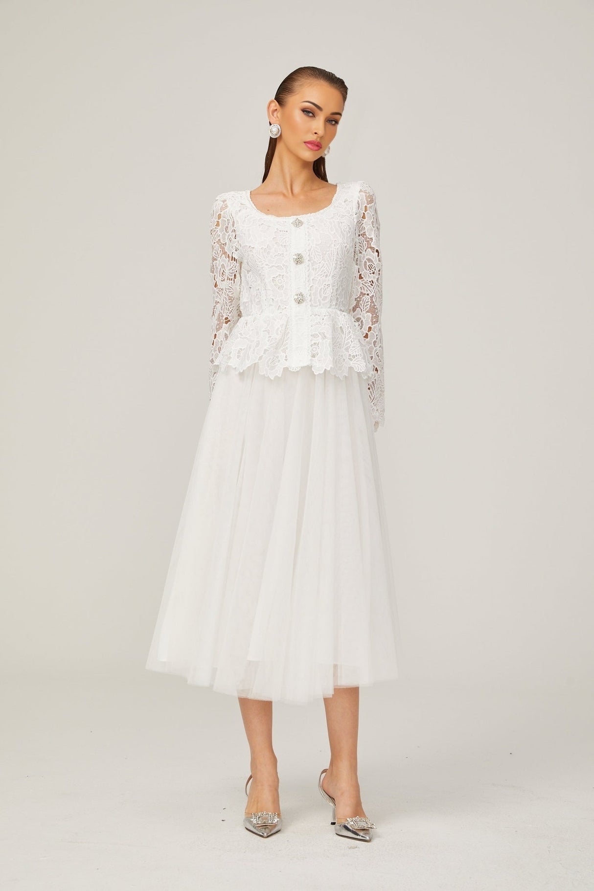 Rina Midi Dress White Tulle Guipure Lace Peplum Floral Choker