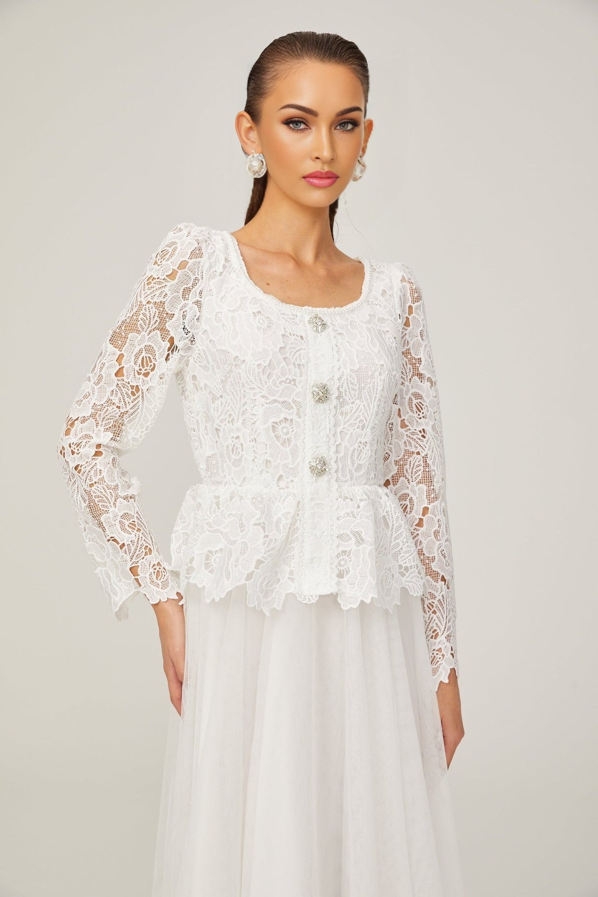 Rina Midi Dress White Tulle Guipure Lace Peplum Floral Choker