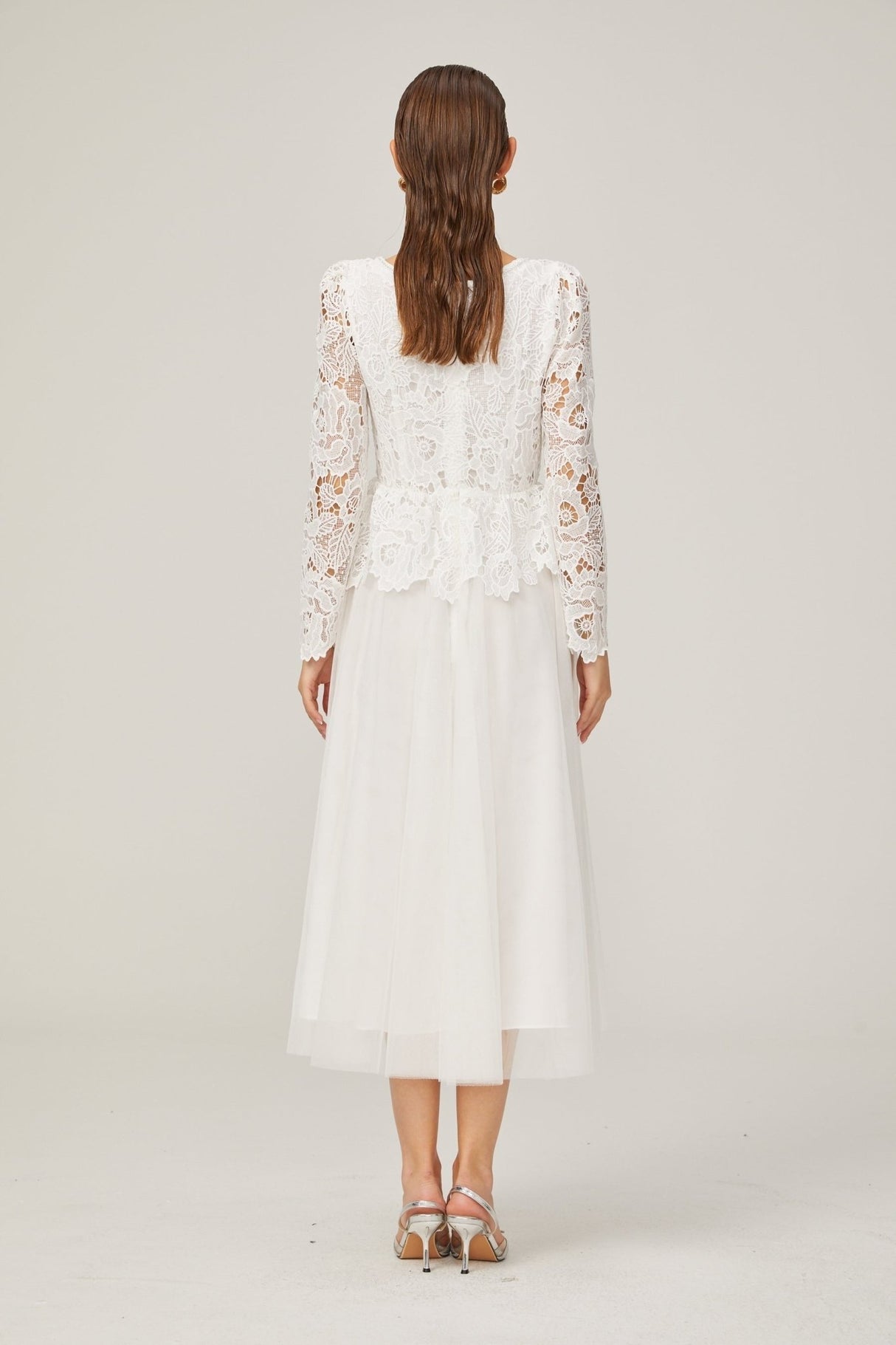 Rina Midi Dress White Tulle Guipure Lace Peplum Floral Choker