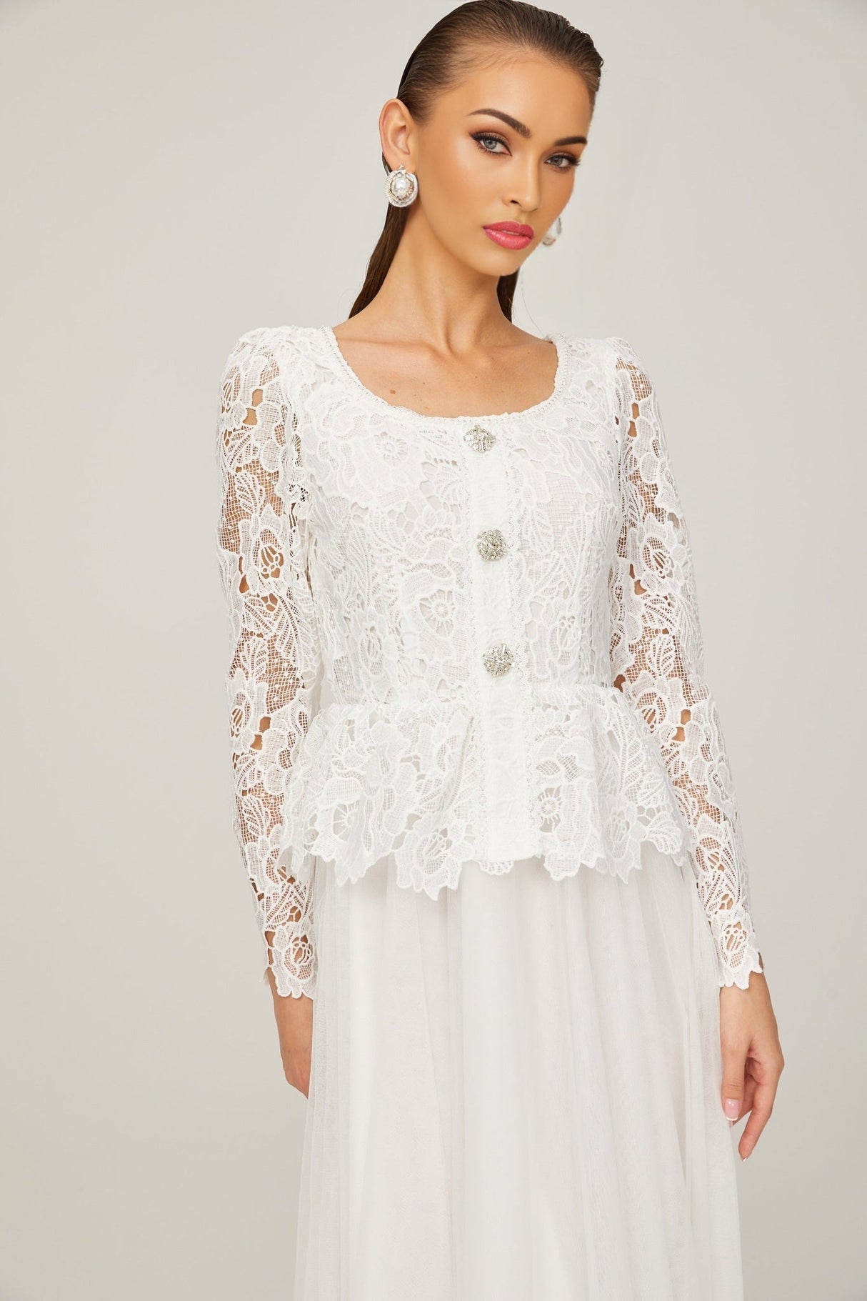 Rina Midi Dress White Tulle Guipure Lace Peplum Floral Choker