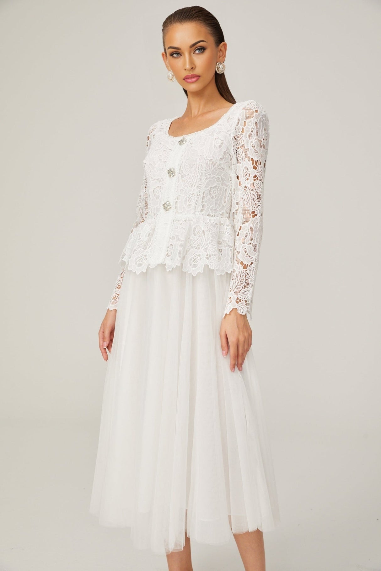Rina Midi Dress White Tulle Guipure Lace Peplum Floral Choker