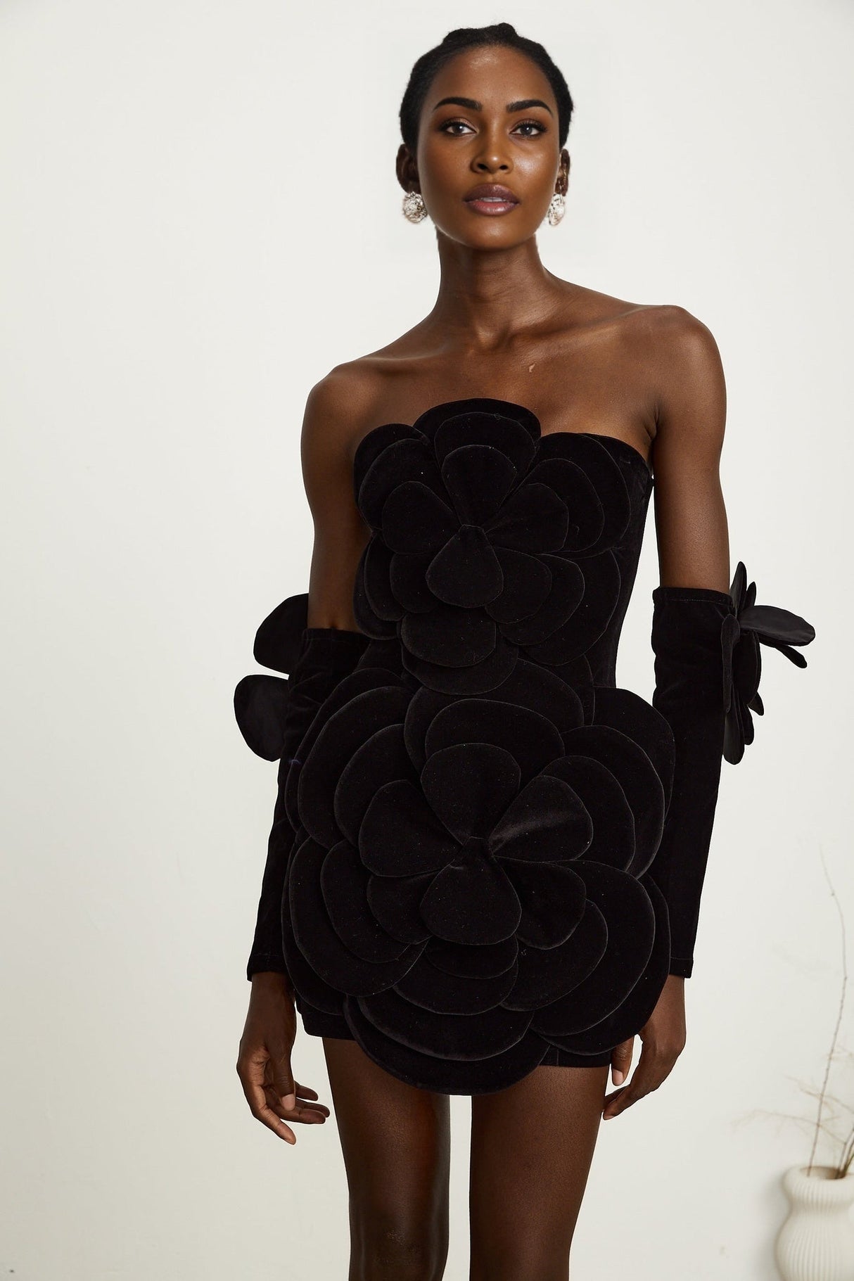 Rina Mini Dress Black Velvet Off Shoulder Floral Applique