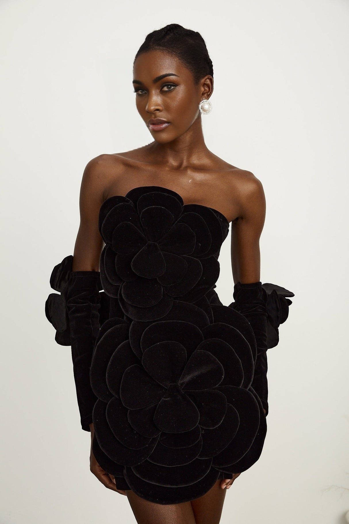 Rina Mini Dress Black Velvet Off Shoulder Floral Applique