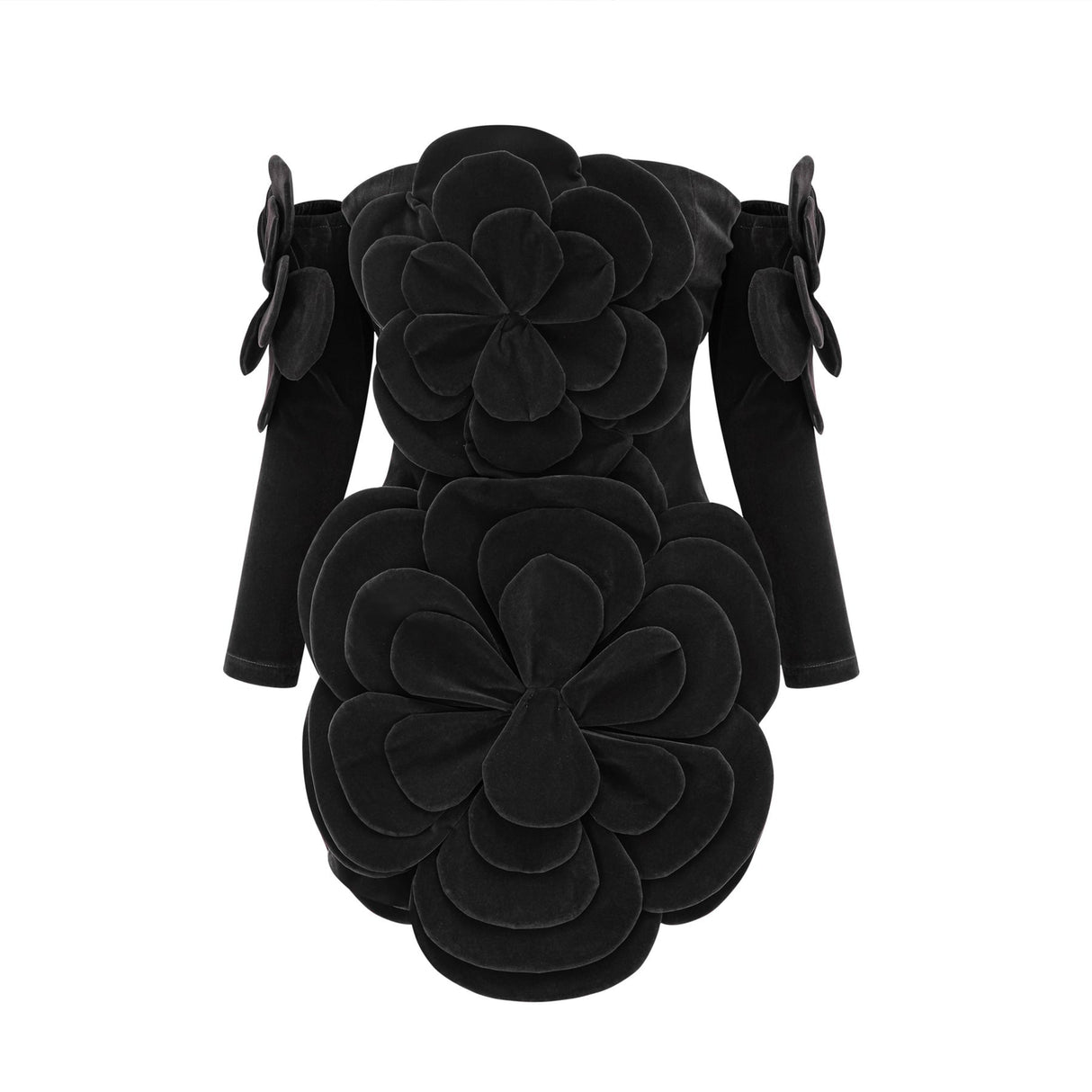 Rina Mini Dress Black Velvet Off Shoulder Floral Applique