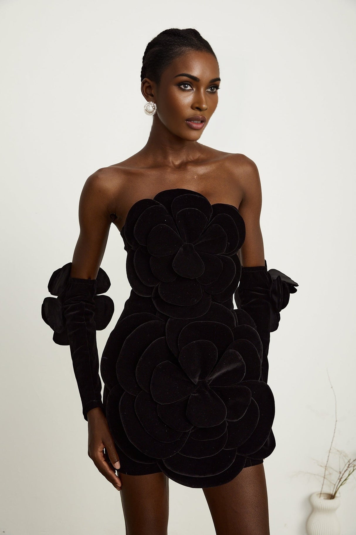 Rina Mini Dress Black Velvet Off Shoulder Floral Applique