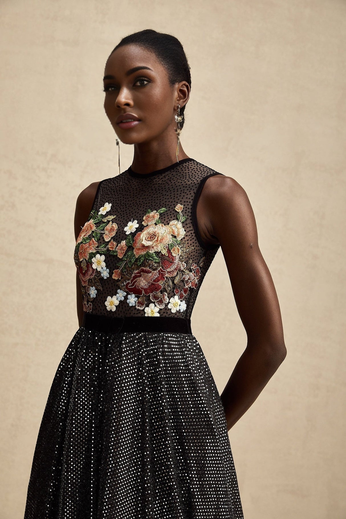 Rinata Embellished Maxi Dress with Floral Embroidery